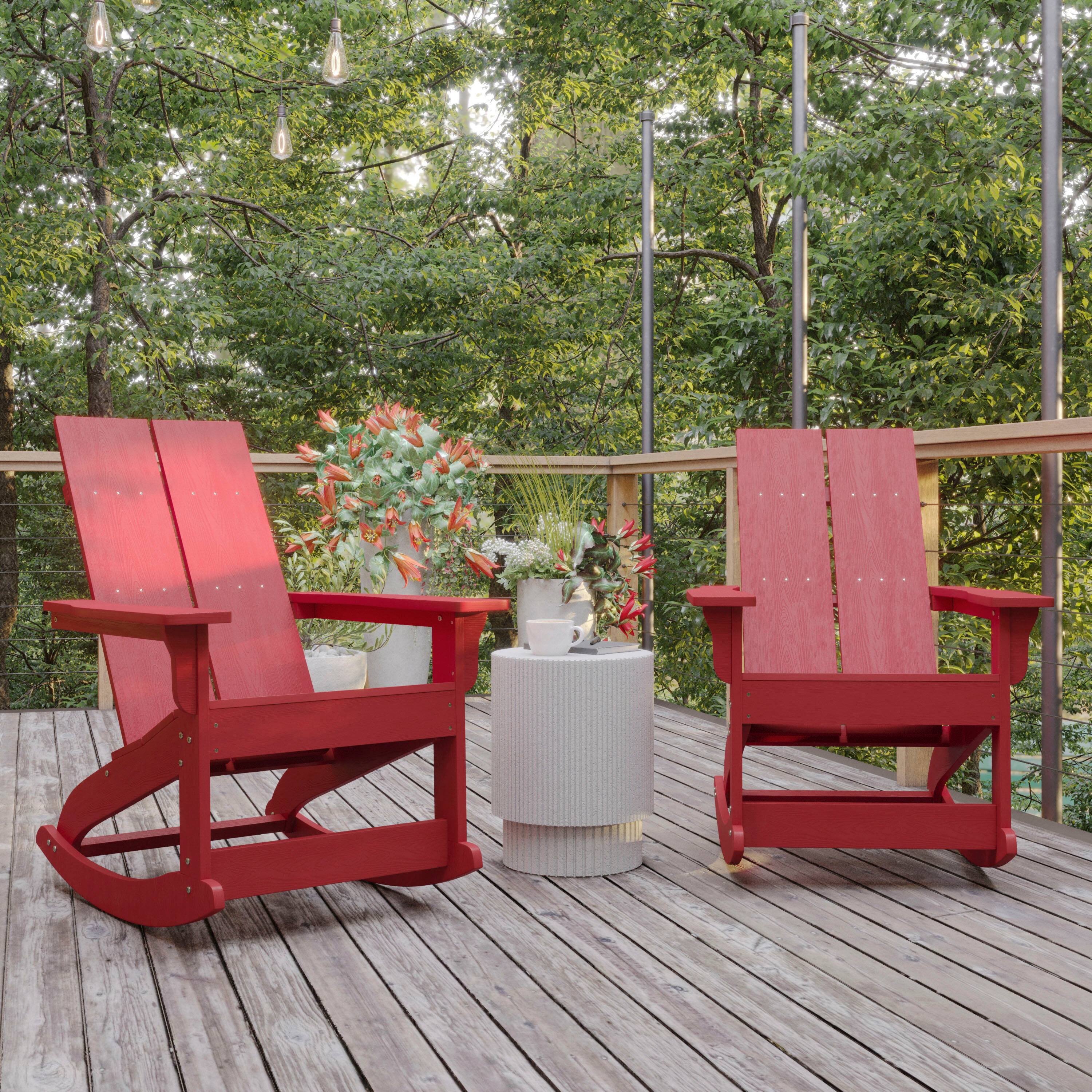 Alt View 2. Flash Furniture - Finn Modern Commercial Poly Resin Wood Adirondack Rocking Chair - All Weather Red Polystyrene - Dual Slat Back - Stainle - Red.
