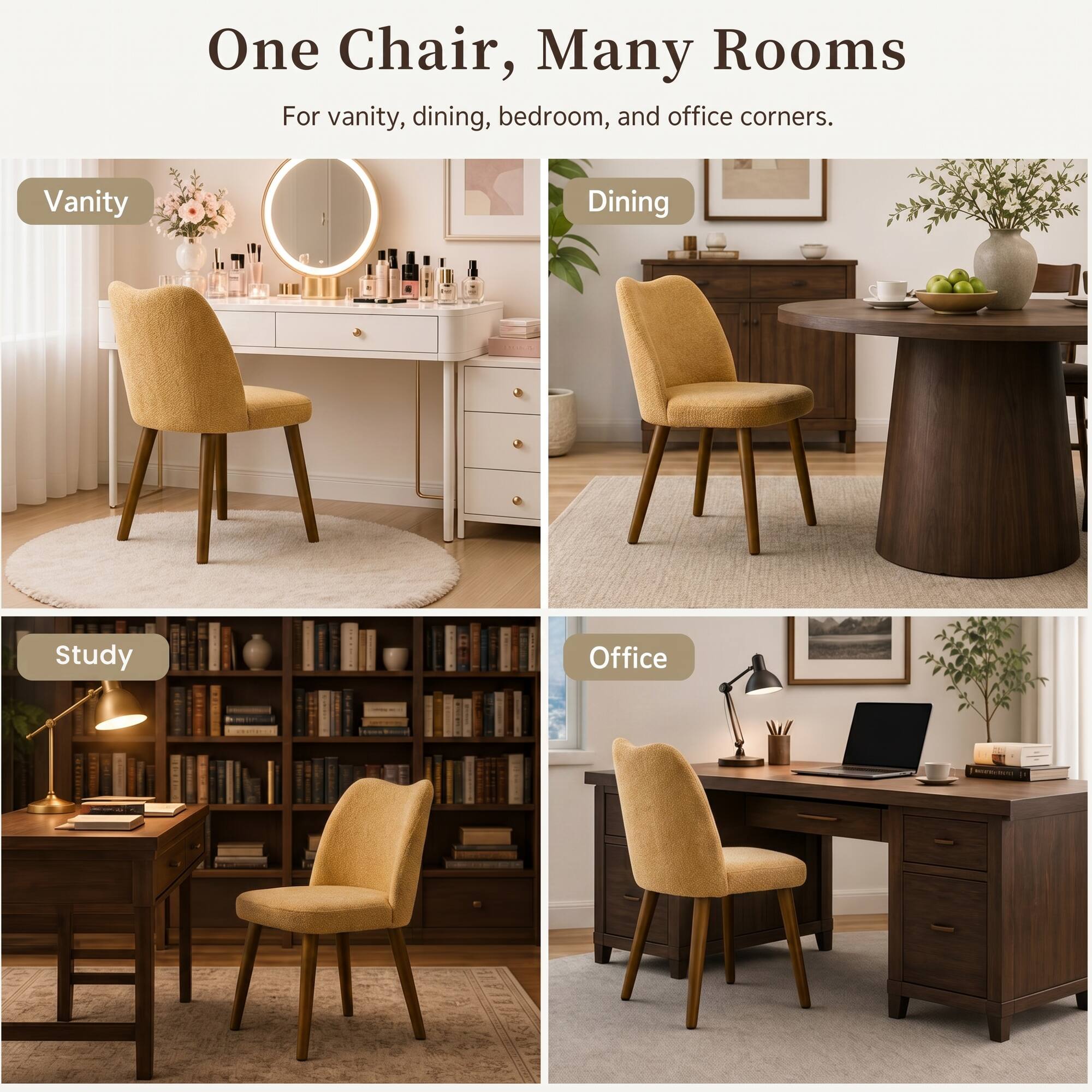 One Chair, Many Rooms  
For vanity, dining, bedroom, and office corners.  
Vanity  
Dining  
Study  
Office