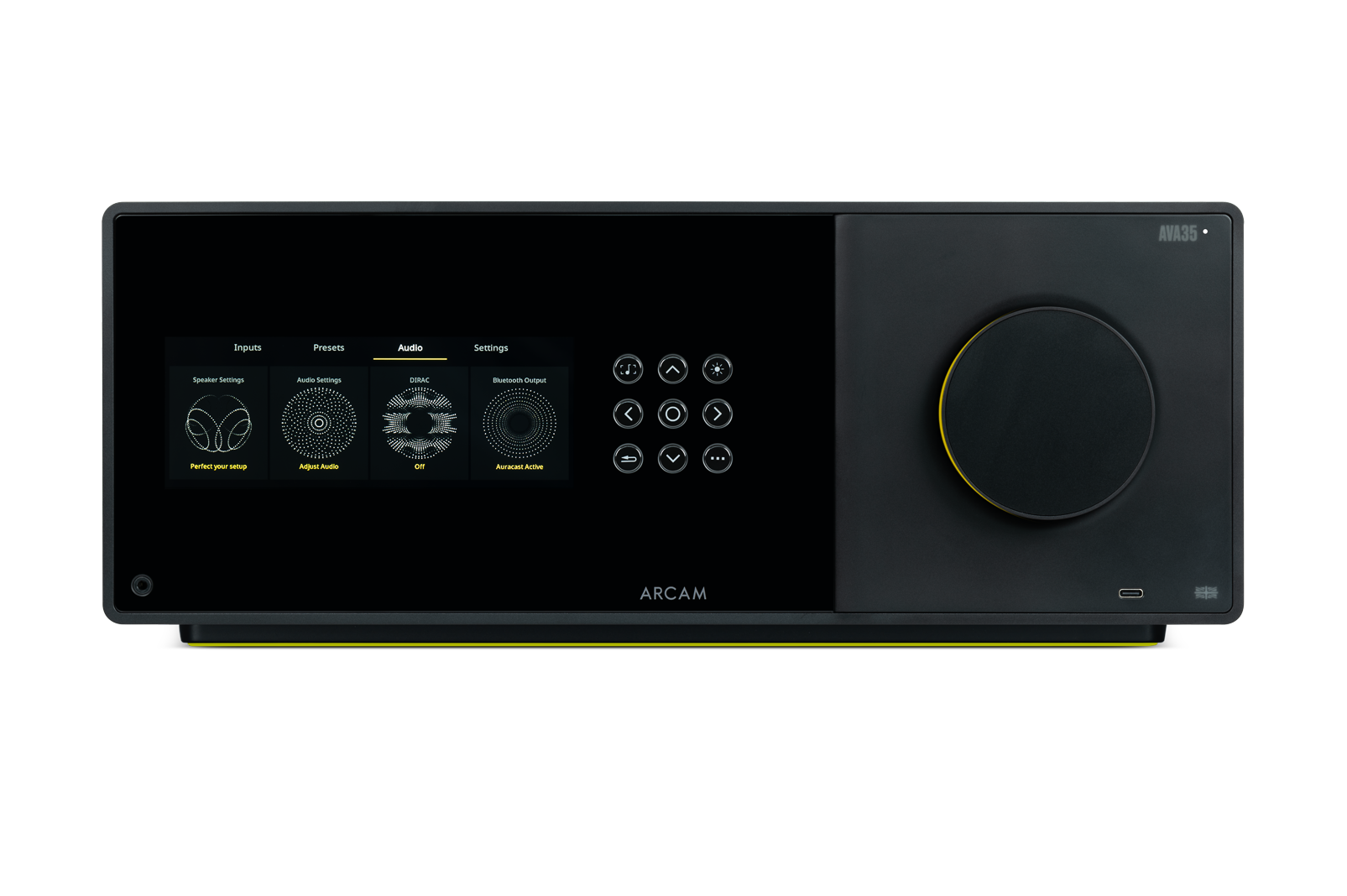 AVA35 Inputs Speaker Settings Presets Audio Settings Bluetooth Output Auracast Active ARCAM