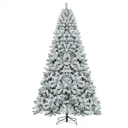 Costway - 9ft Snow Flocked Hinged Artificial Christmas Tree Unlit Metal - Green/White