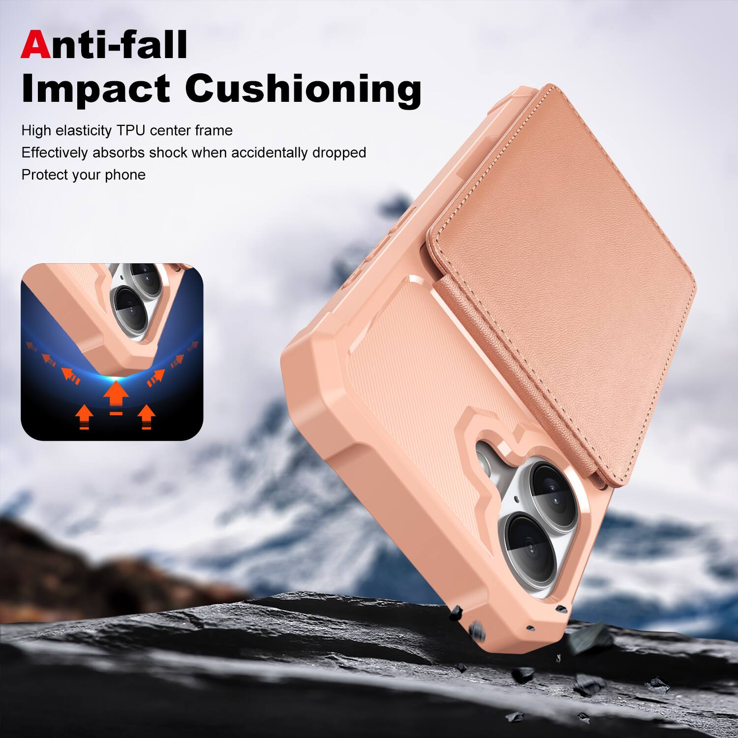 Anti-fall Impact Cushioning

High elasticity TPU center frame  
Effectively absorbs shock when accidentally dropped  
Protect your phone