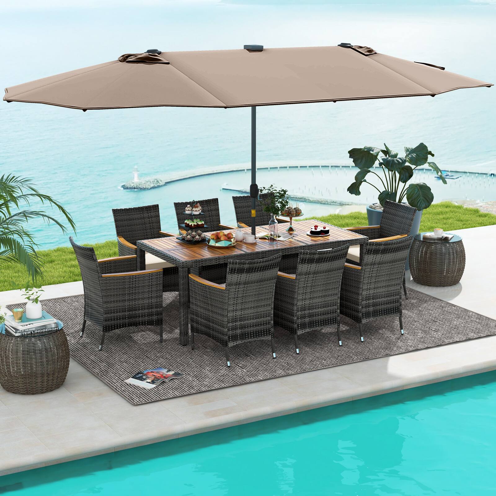 Alt View 1. Costway - 11 PCS Patio Dining Set with 15 ft Double-Sided Patio Umbrella 8 Armchairs - Mix Gray,Beige,Tan.