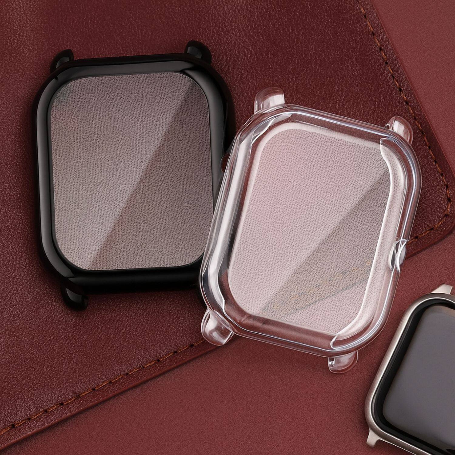 Left. Stock Preferred - 3 Packs Screen Protector Case For Amazfit GTS 2 Mini/Bip U Pro TPU Bumper Cover Black/Clear/Silver - Black/Clear/Silver.