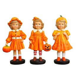 OrnamentallyYou - Inviting Pumpkin Girl Trio Set of Figurines, 6" Victorian Autumn Fall and Halloween Table Decoration - Orange