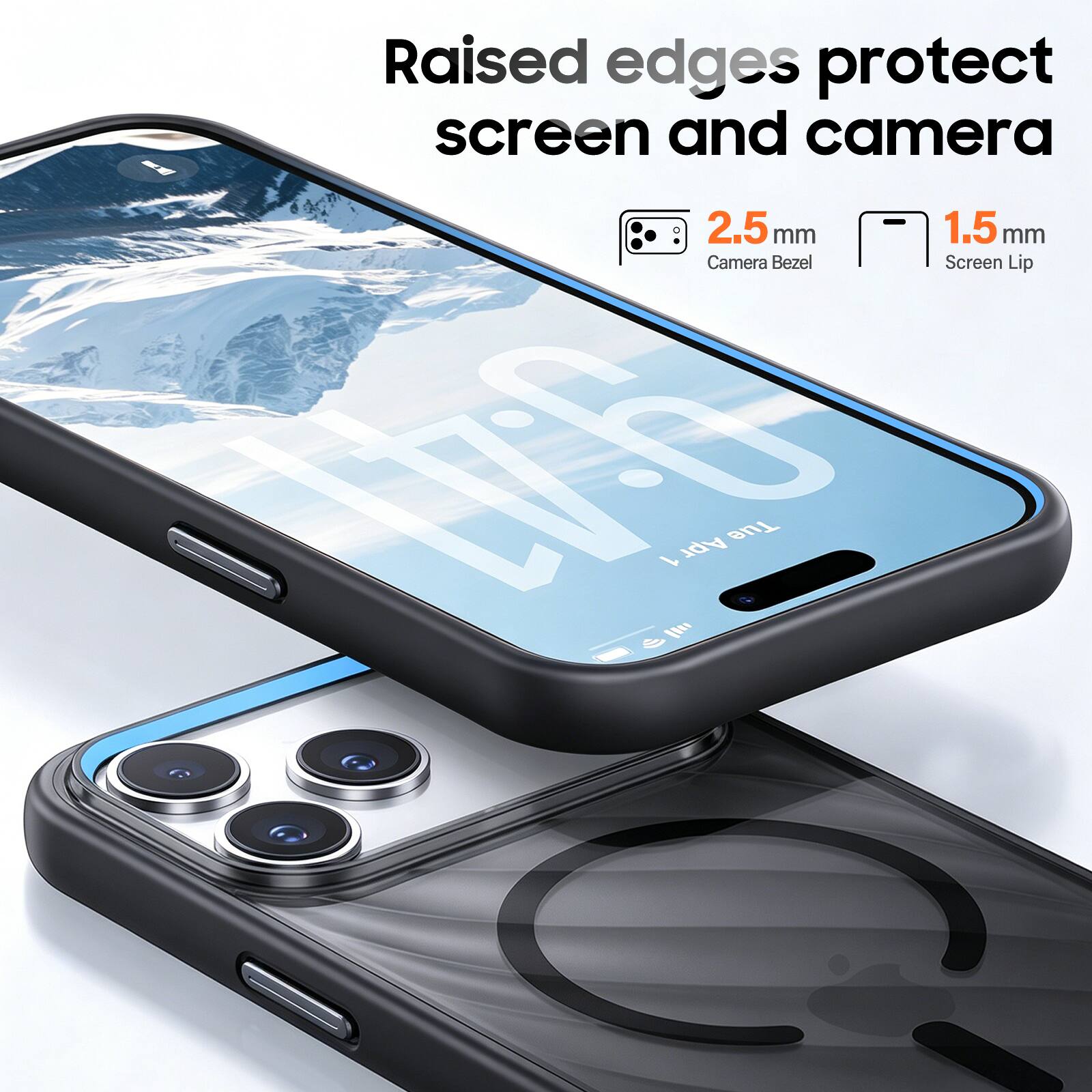 Raised edges protect screen and camera  
2.5 mm Camera Bezel  
1.5 mm Screen Lip