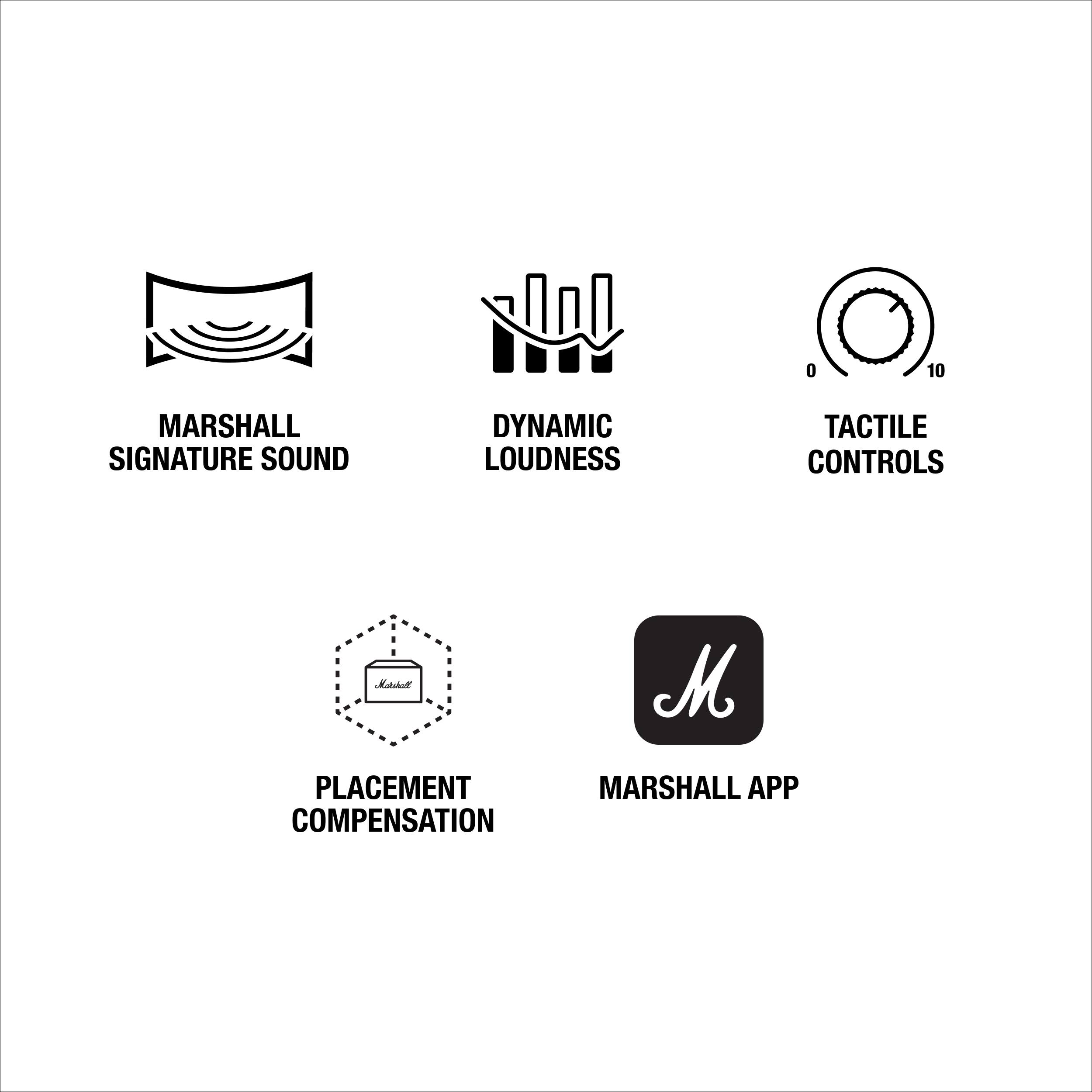 0
10
MARSHALL SIGNATURE SOUND
DYNAMIC LOUDNESS
TACTILE CONTROLS
Matshall
M.
PLACEMENT COMPENSATION
MARSHALL APP