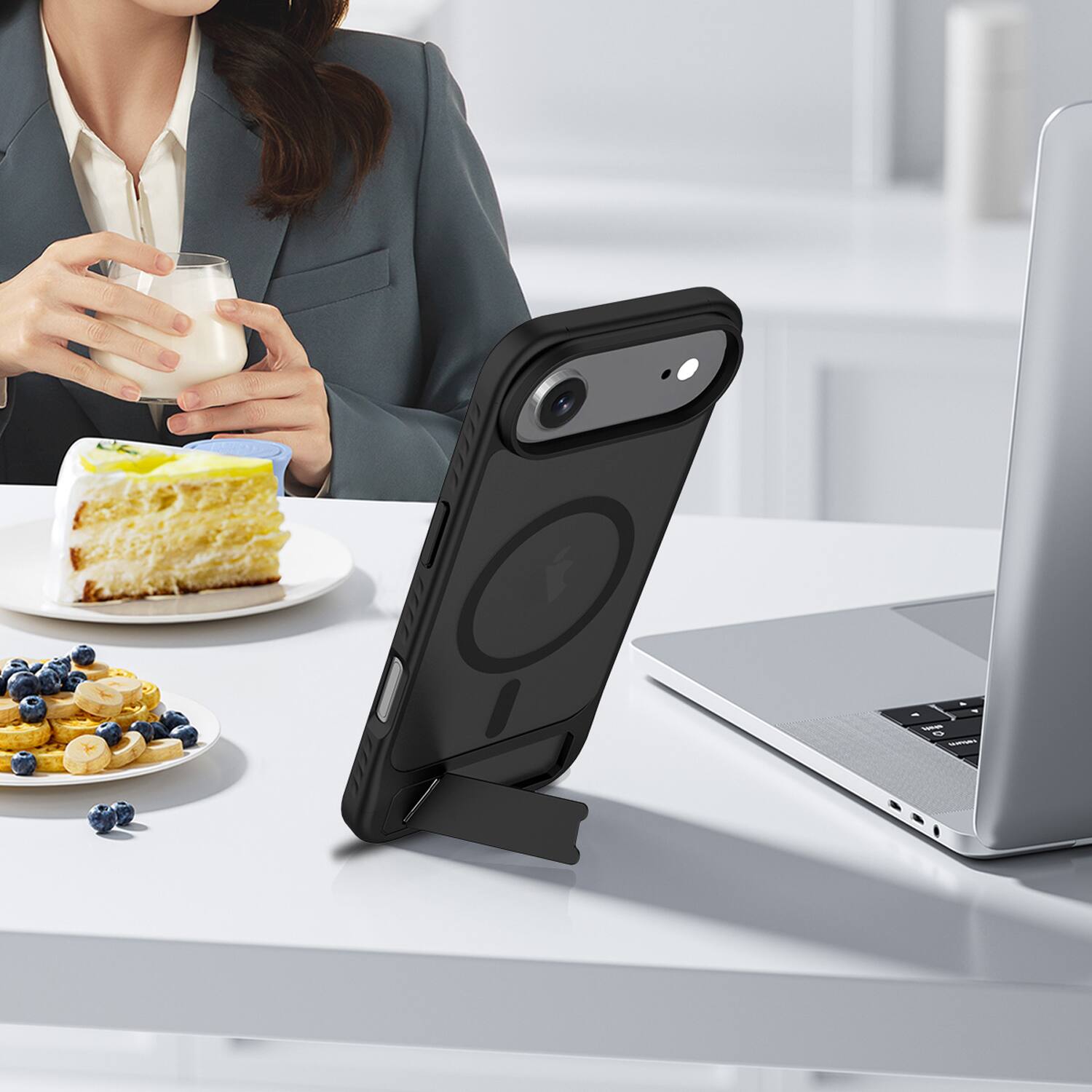 Alt View 3. Dteck - for Apple iPhone Air Translucent Matte Case,Shockproof Stand Slim Mag Safe Cover with Glass Screen Protector - Black.
