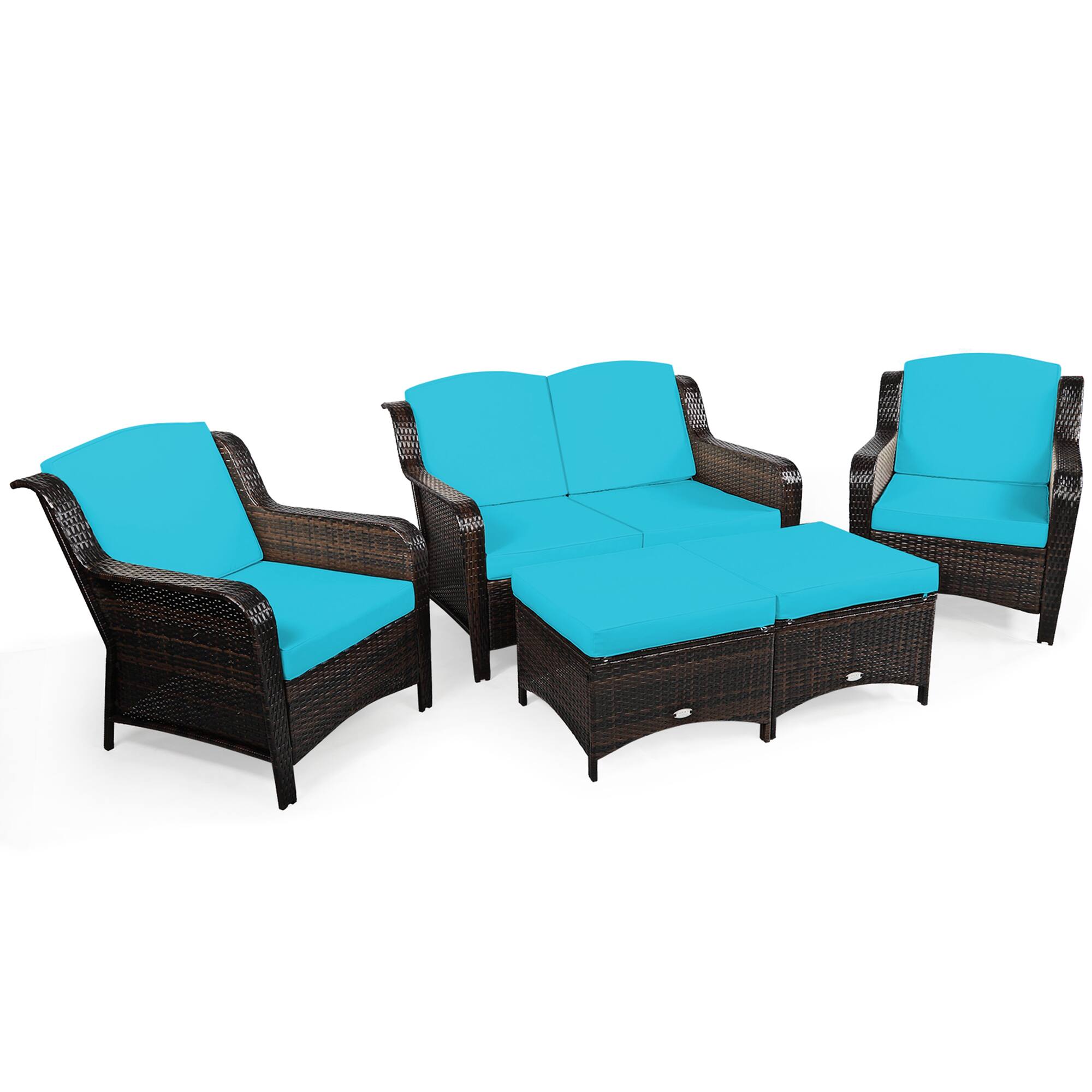 Alt View 3. Gymax - Gymax 5PCS Rattan Patio Conversation Sofa Furniture Set Outdoor w/ Turquoise Cushions - Turquoise.