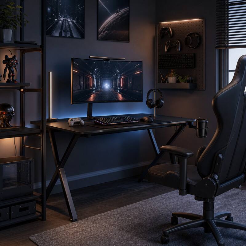 Angle. WELLFOR - K-Shaped Gaming Desk with Cup Holder & Headphone , Black Computer Desk for Adults - Black.