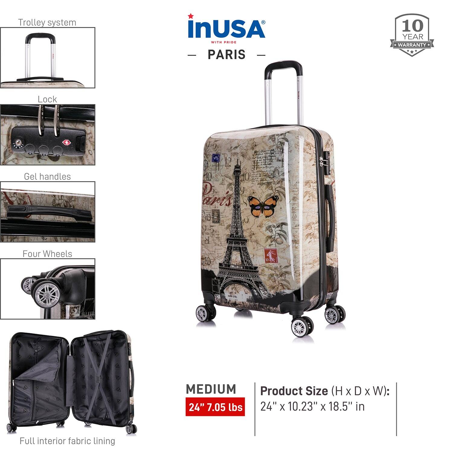 - **Trolley system**
- **Lock**
- **Gel handles**
- **Four Wheels**
- **Full interior fabric lining**

**MEDIUM**  
24" 7.05 lbs

**Product Size (H x D x W):**  
24" x 10.23" x 18.5" in

**inUSA**  
PARIS  
10 YEAR WARRANTY