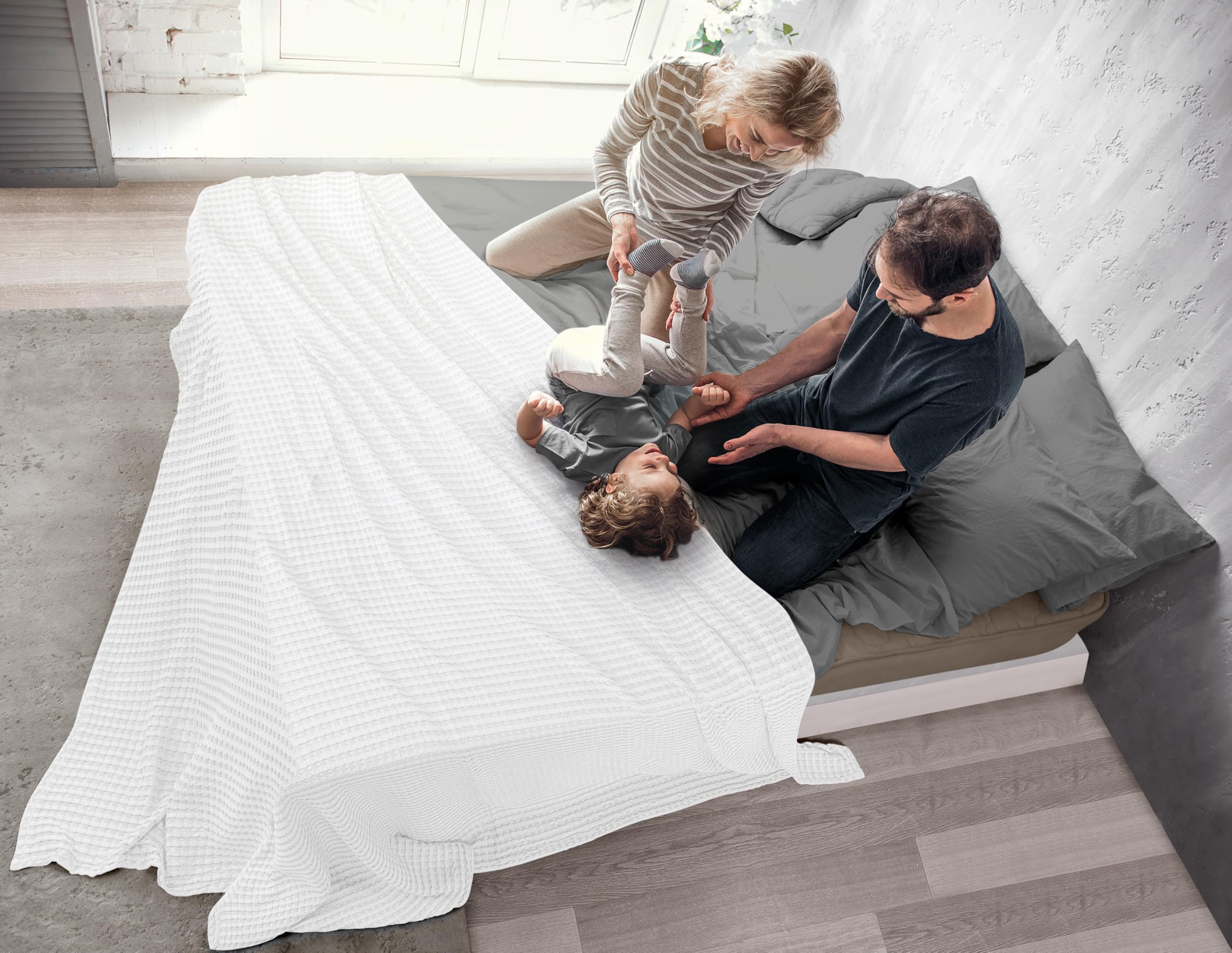 Alt View 7. NICHOLAS KLEIN - Cotton Waffle Blanket 300 Gsm [queen 90x90 Inch] Soft Lightweight Breathable Bed For All Season - Cool Grey Full 1.