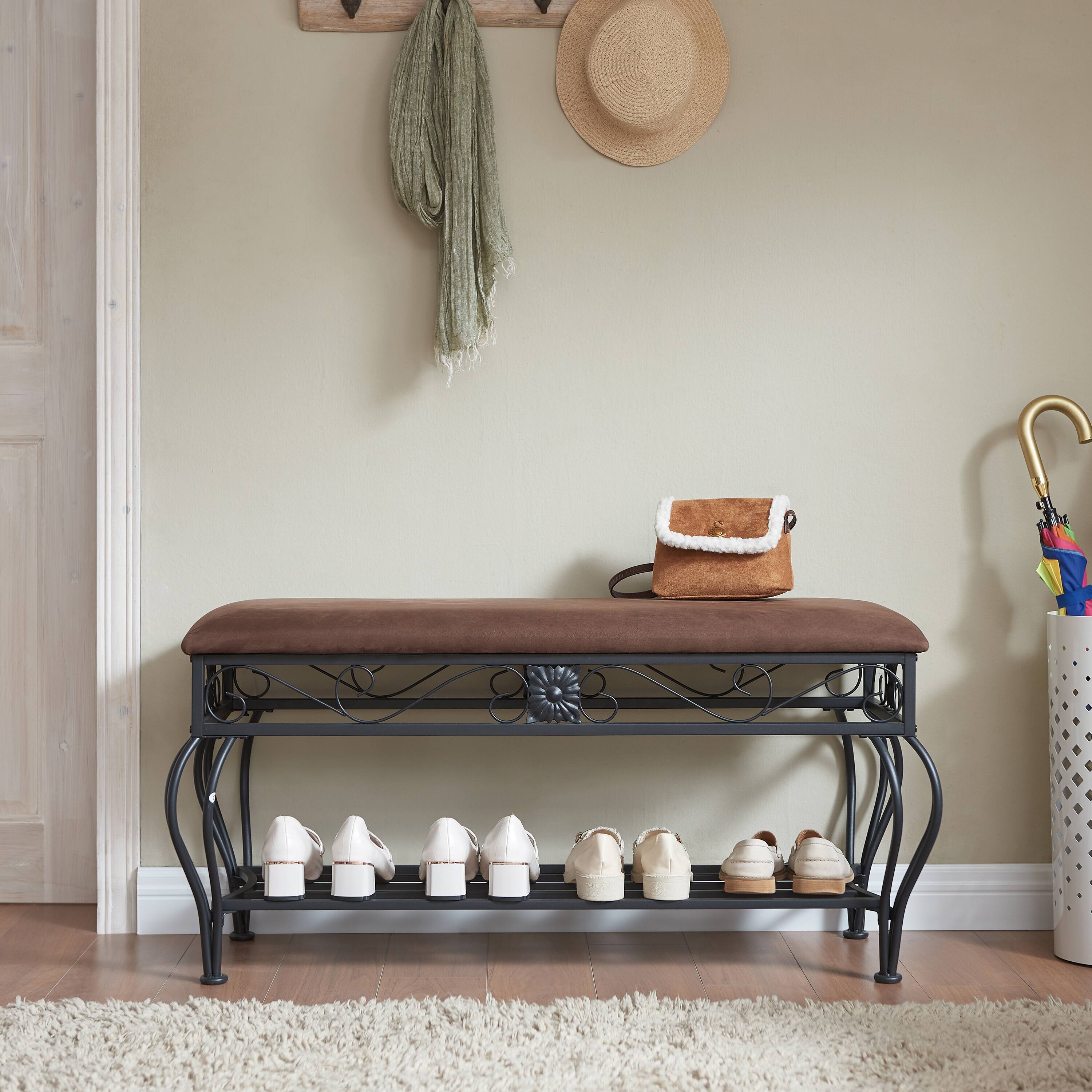 Left. Whisen - Upholstered Shoe Storage Bench with Open Shelf for Entryway and Hallway-Antique Brown - Brown.