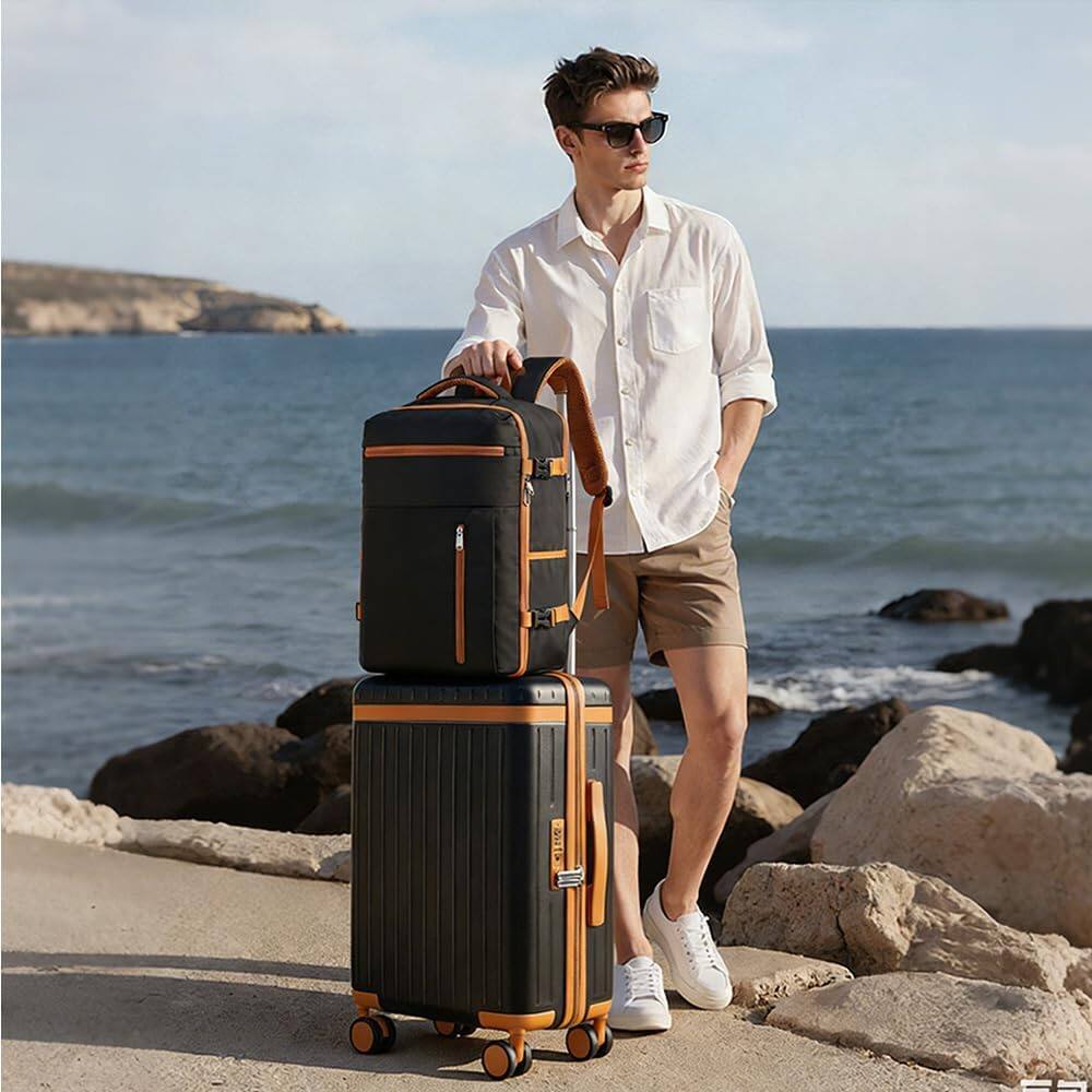 Angle. Quick Deer - 3 Piece Carry On Luggage Set with 20" Suitcase, 36L Travel Backpack with 180° Opening and Waterproof Toiletry Bag - Black & Brown.