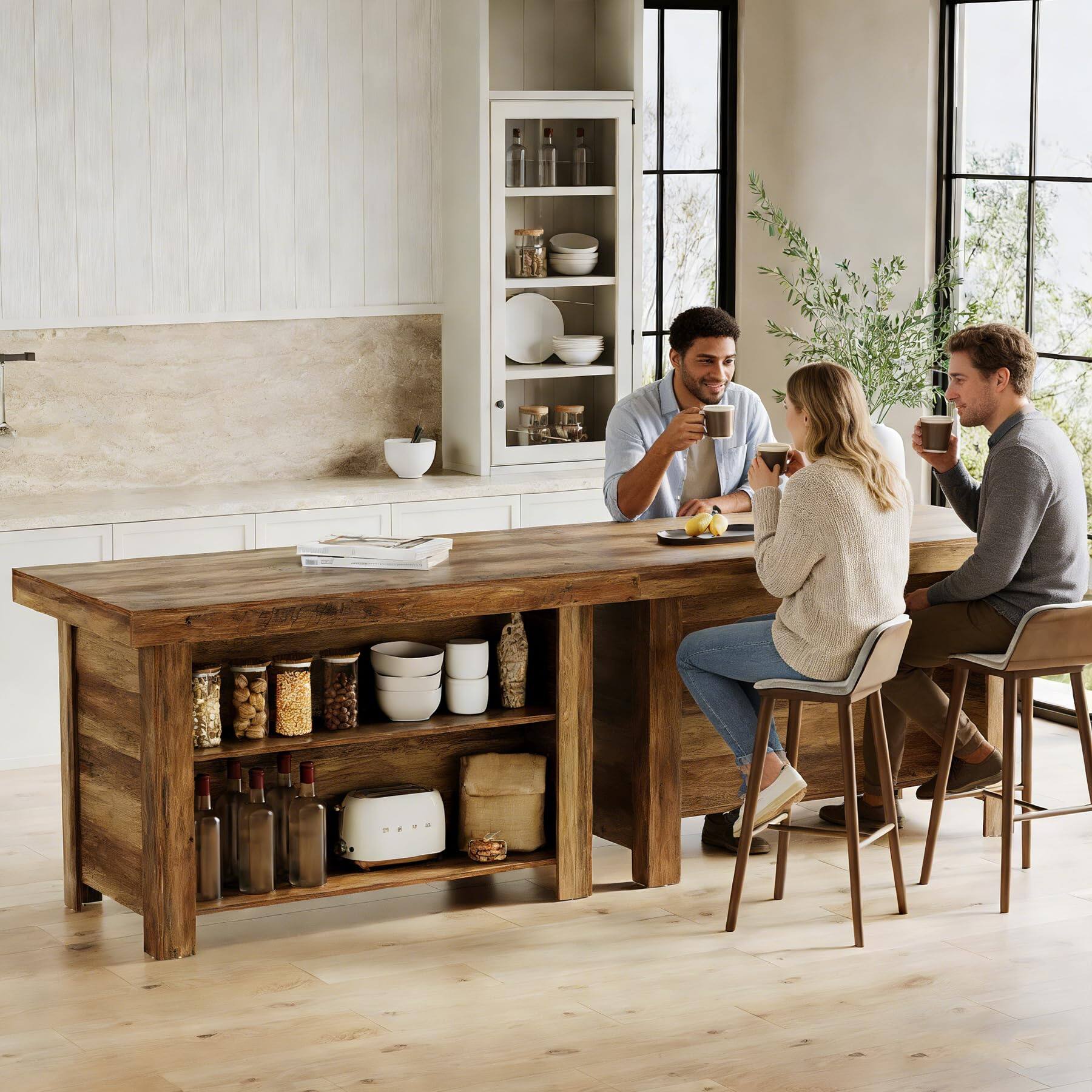 Alt View 2. Tribesigns - 55.1-Inch Farmhouse Kitchen Island with Large Worktop and 3-Tier Storage for Kitchen or Dining Room - Rustic Brown.