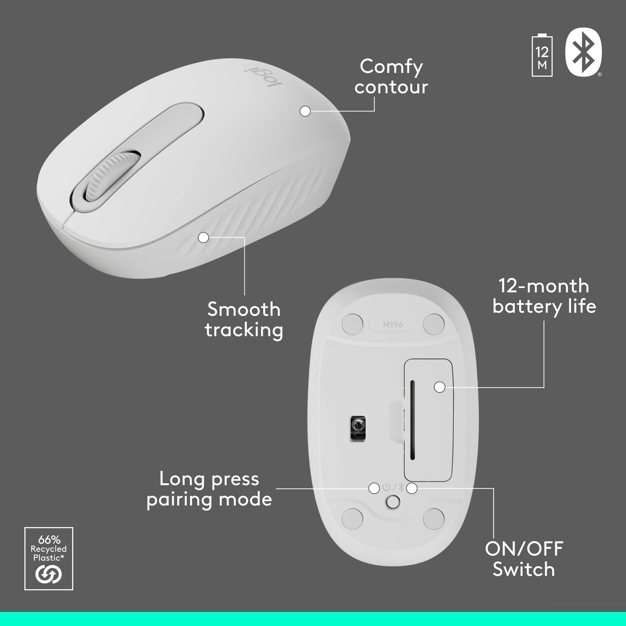 Logitech Comfy Contour mouse with 12-month battery life, smooth tracking, and long press pairing mode. It is made of 66% recycled plastic.