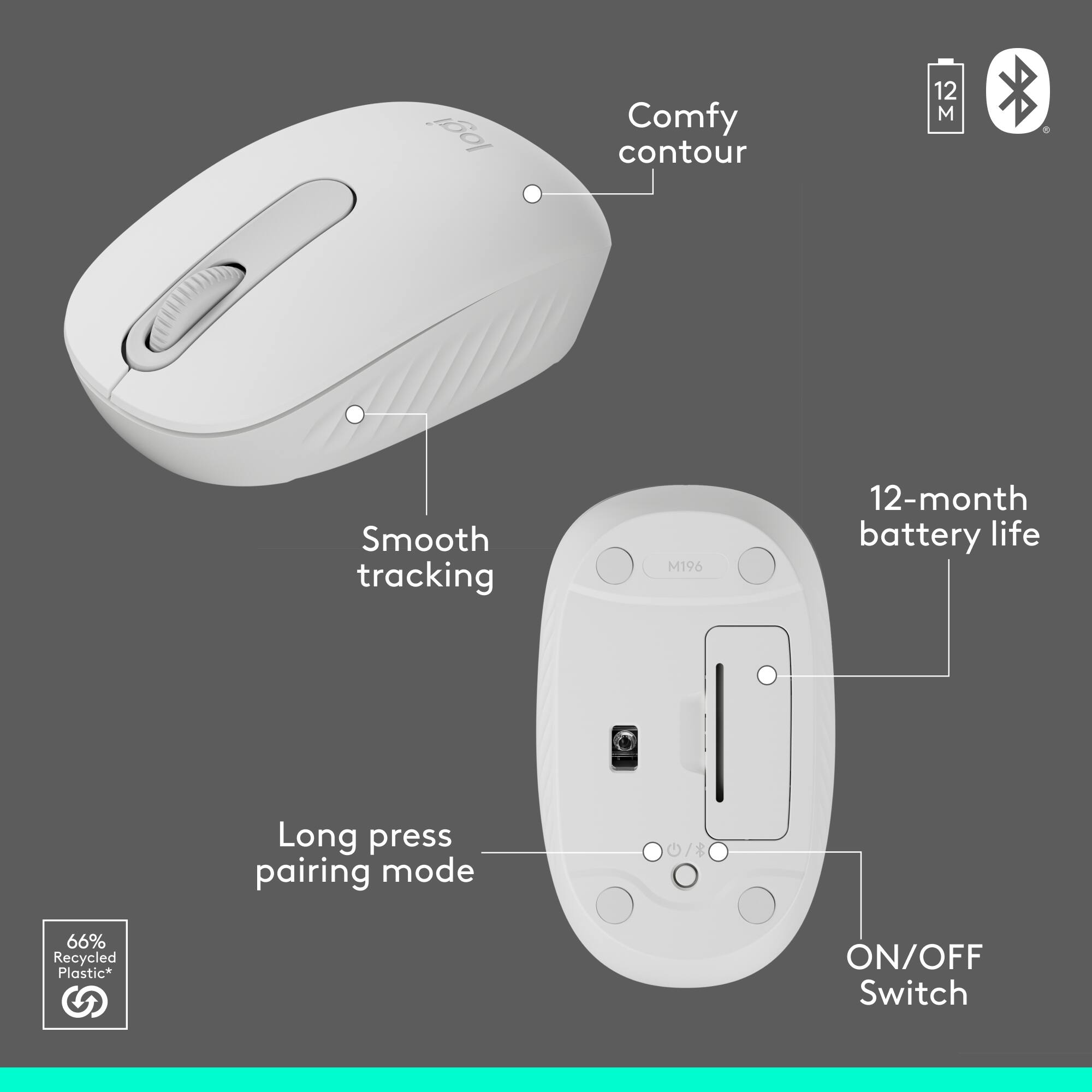 Logitech Comfy Contour mouse with 12-month battery life, smooth tracking, and long press pairing mode. It is made of 66% recycled plastic.