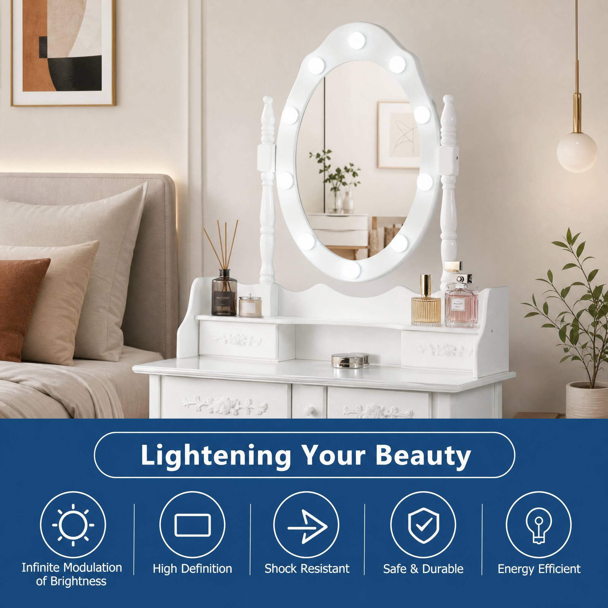 Lightening Your Beauty  
Infinite Modulation of Brightness  
High Definition  
Shock Resistant  
Safe & Durable  
Energy Efficient