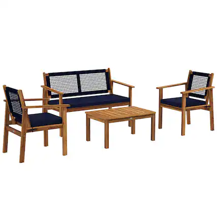 Front. Outsunny - 4 Piece Patio Conversation Set with Cushions, Acacia Wood Outdoor Furniture with Loveseat, Armchairs - Blue.