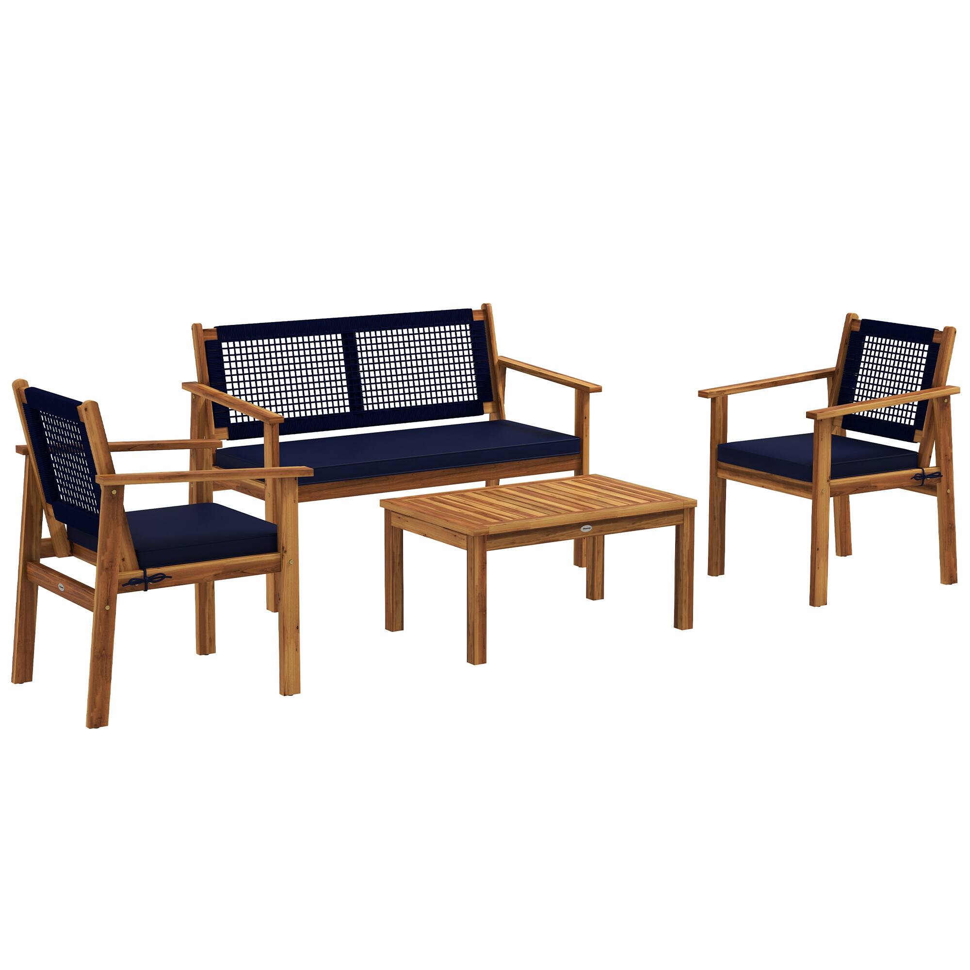 Front. Outsunny - 4 Piece Patio Conversation Set with Cushions, Acacia Wood Outdoor Furniture with Loveseat, Armchairs - Blue.