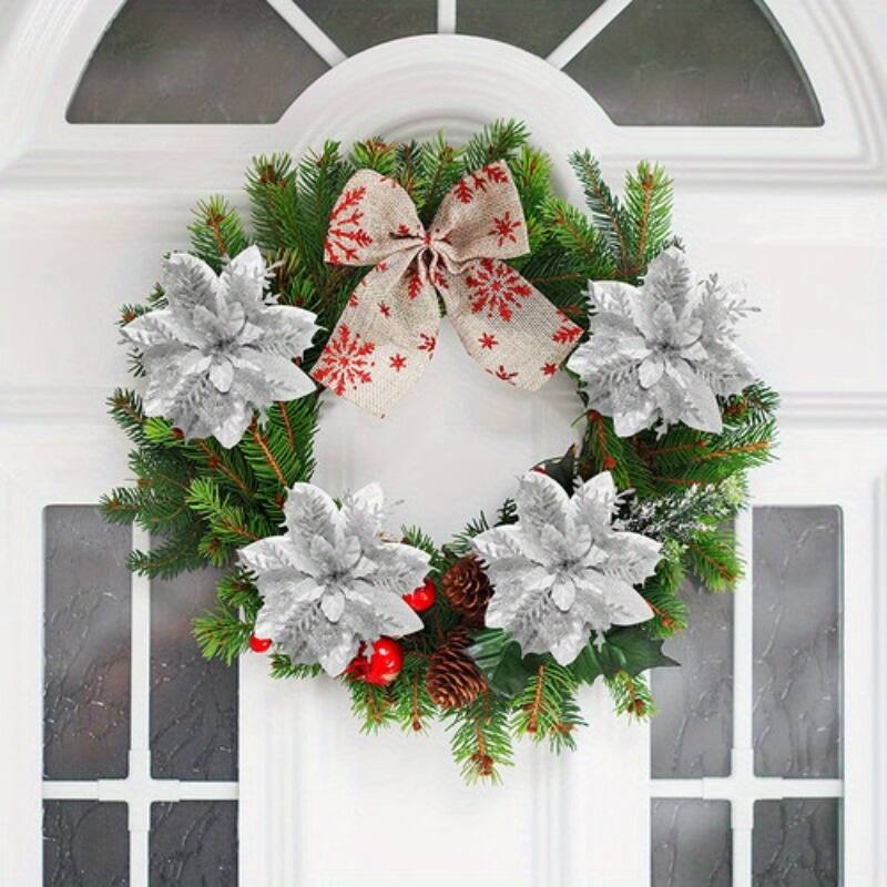 Alt View 1. Oumilen - 10 Pcs Silver Glitter Poinsettia Flowers – Hollow Xmas Ornaments with Stems for Wreath Garland Holiday Decor.