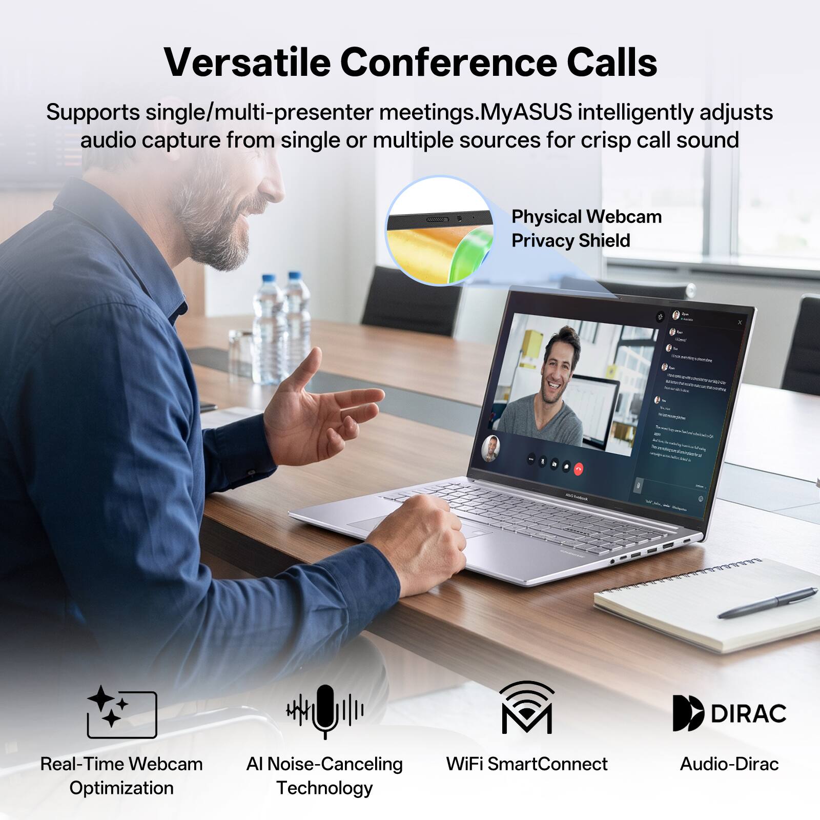 Versatile Conference Calls  
Supports single/multi-presenter meetings. MyASUS intelligently adjusts audio capture from single or multiple sources for crisp call sound  

- Physical Webcam Privacy Shield  
- DIRAC Real-Time Webcam Optimization  
- AI Noise-Canceling  
- WiFi SmartConnect Technology  
- Audio-Dirac