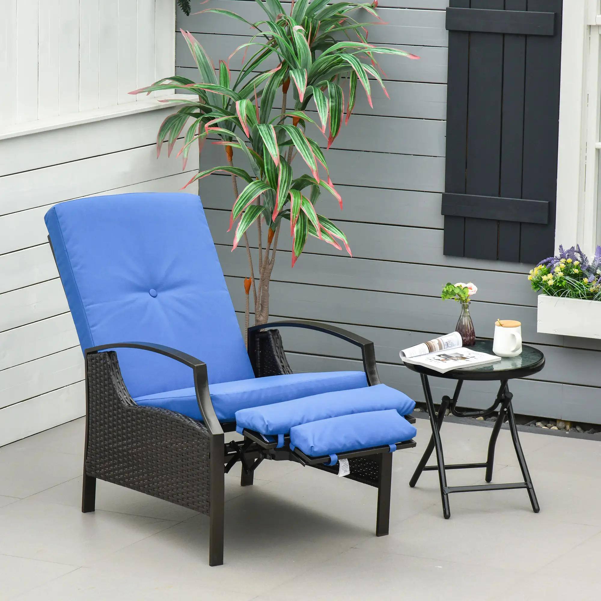 Left. Resenkos - Resenkos Outdoor Comfort Deluxe Lounge Chair, Reclining Patio Lounge With Cushions & Footrest, PE Wicker, Blue - Blue.