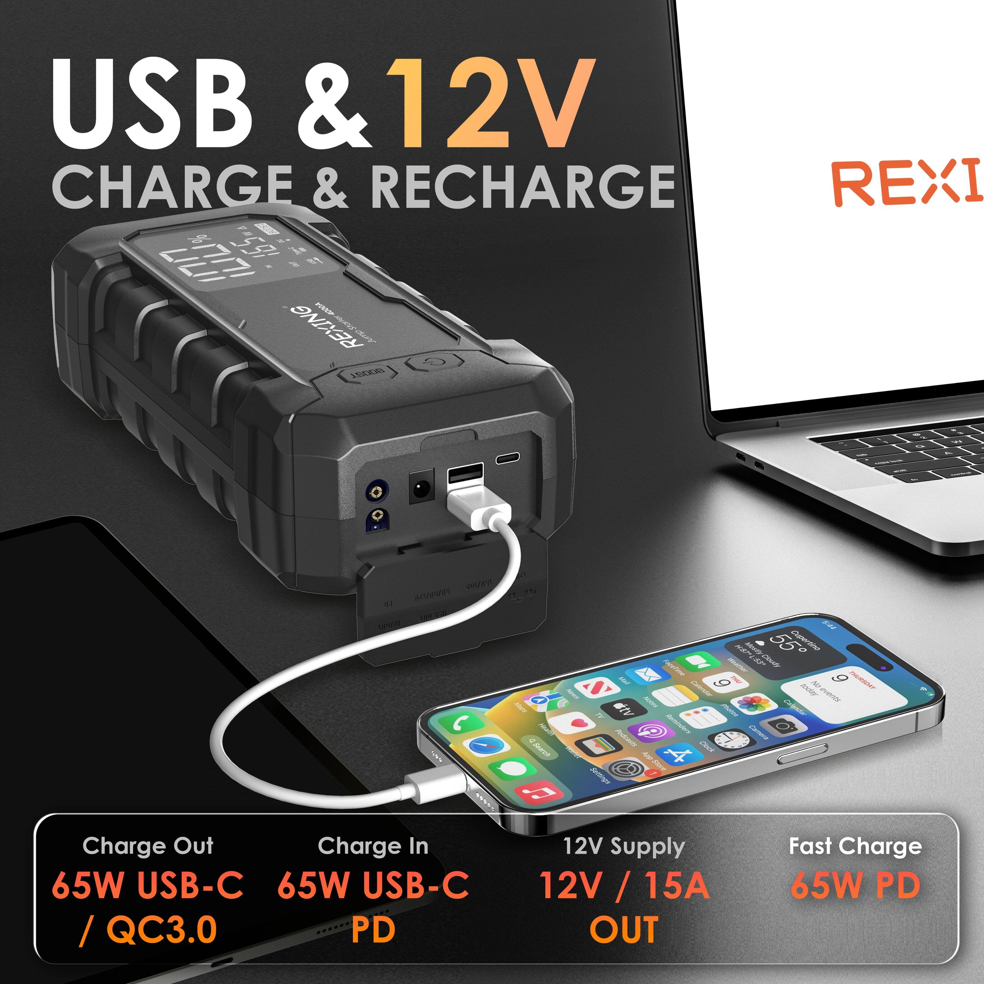 USB & 12V CHARGE & RECHARGE

REXING

Charge Out
65W USB-C / QC3.0

Charge In
65W USB-C PD

12V Supply
12V / 15A OUT

Fast Charge
65W PD