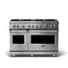 Front. Viking - 5-Series Dual Fuel Self-Clean 48"W Sealed Burner Range - Stainless with Brushed Brass Accents.