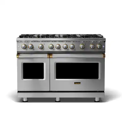 Front. Viking - 5-Series Dual Fuel Self-Clean 48"W Sealed Burner Range - Stainless with Brushed Brass Accents.