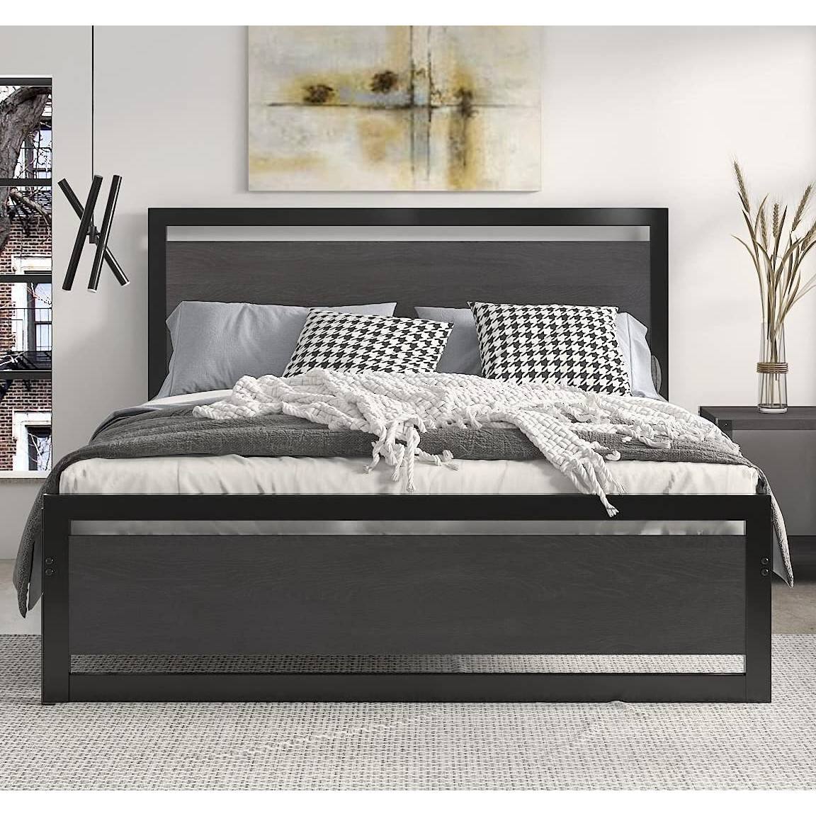 Left. Hivvago - Hivvago Queen Size Metal Platform Bed Frame with Wood Panel Headboard and Footboard - Black.