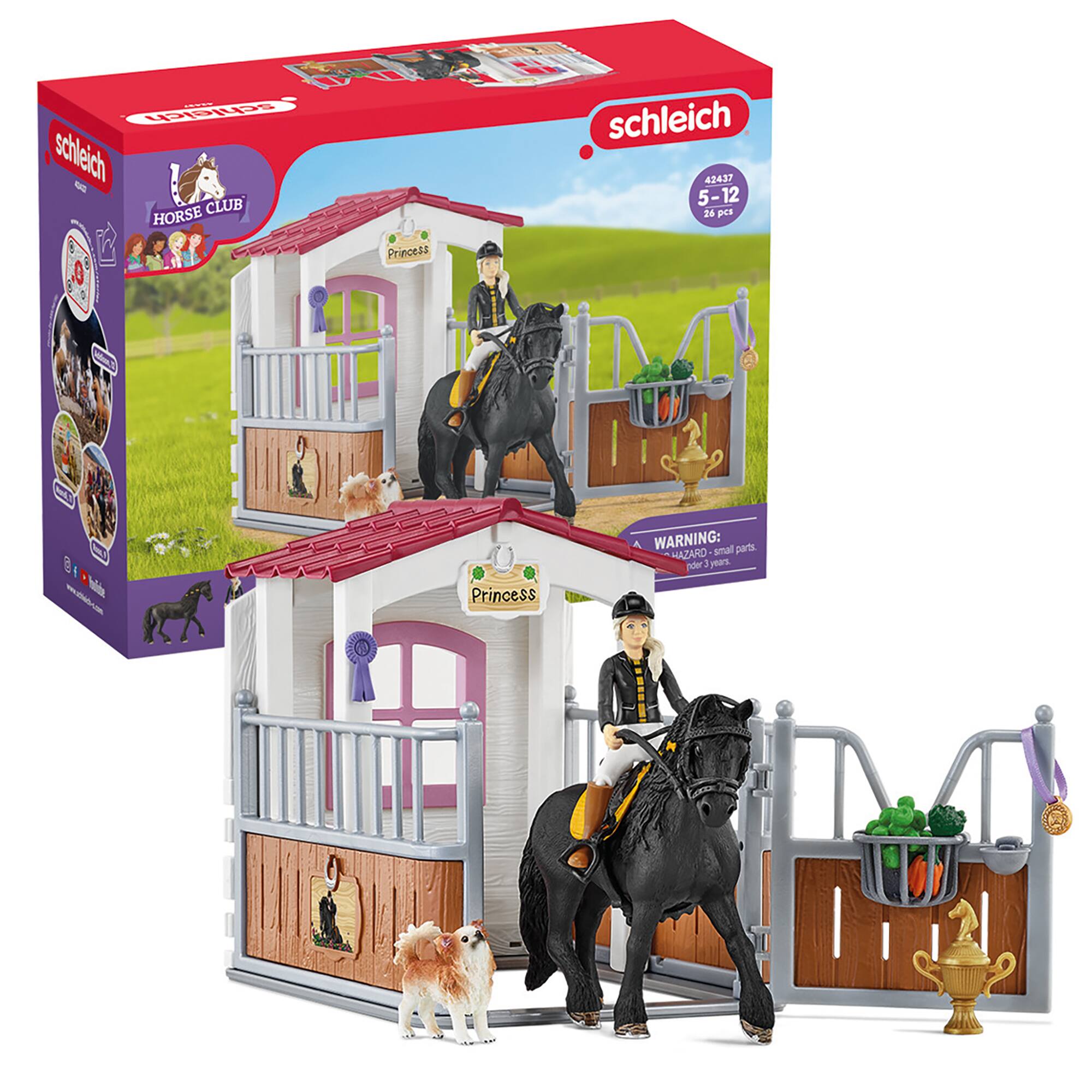 A Schleich - Club Horse set, featuring a horse, a dog, and a person. The set is designed for children aged 5-12 years old and includes a warning to keep small parts away from children under 1 year old.