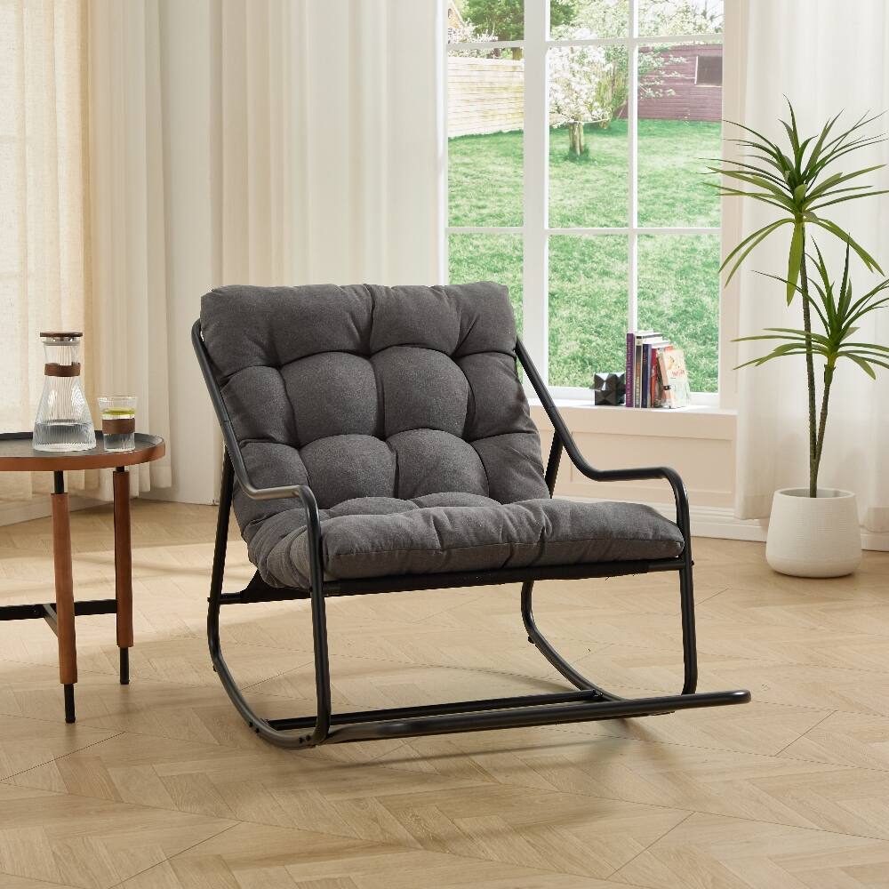 Left. Loheer - Loheer Outdoor Rocking Chair with Thick Grey Cushion, Modern Black Steel Frame Patio Rocker for Living Room and Bedroom - Grey.