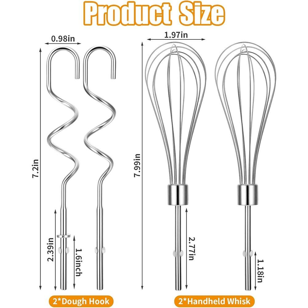 Product Size

- 1.97in
- 0.98in
- 7.2in
- 2.39in
- 1.6inch
- 7.99in
- 2.77in
- 1.18in

2* Dough Hook

2* Handheld Whisk