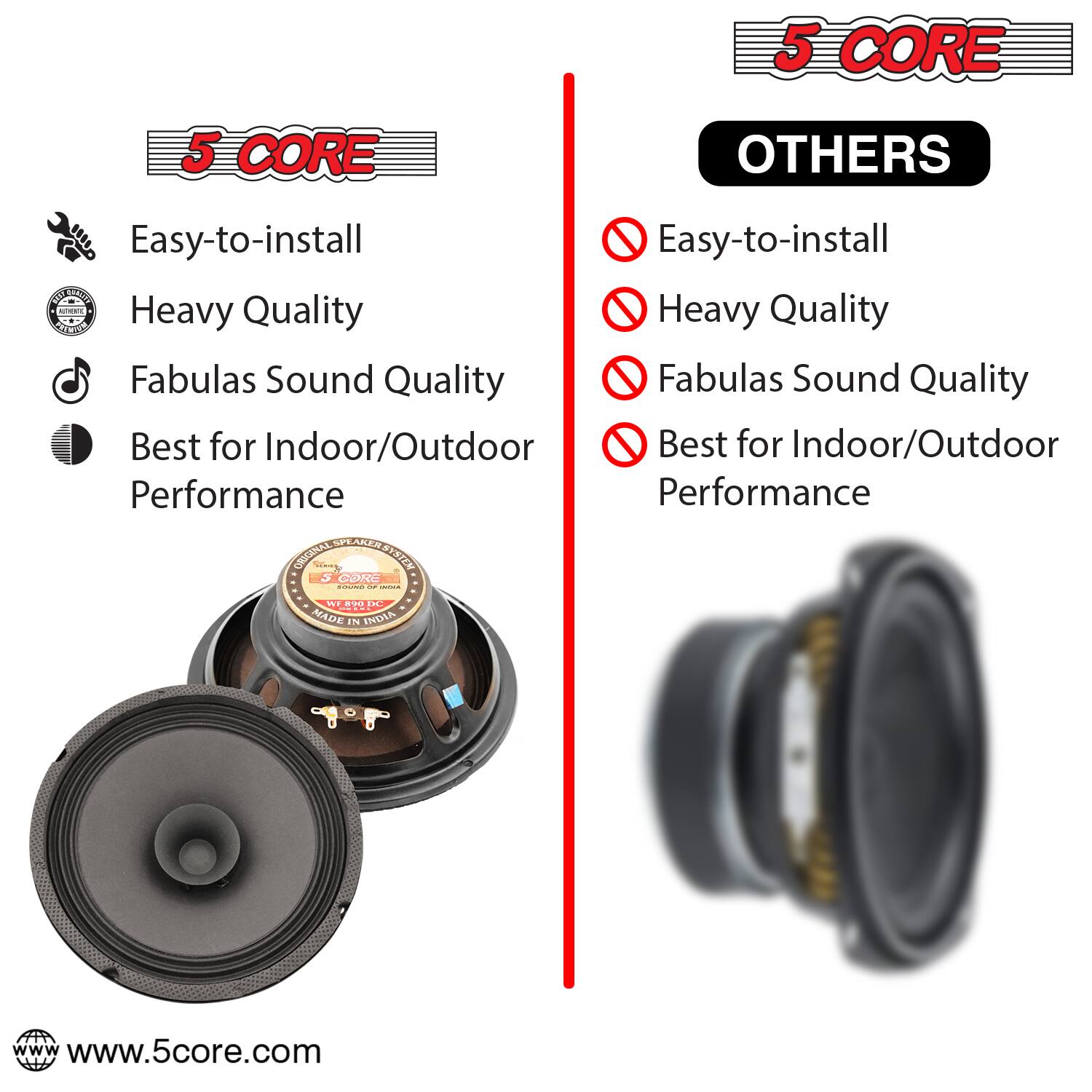 5 CORE

Easy-to-install  
Heavy Quality  
Fabulas Sound Quality  
Best for Indoor/Outdoor Performance  

OTHERS

Easy-to-install  
Heavy Quality  
Fabulas Sound Quality  
Best for Indoor/Outdoor Performance  

C AMR COOCANAL CHANPETEREN STEN COR FOCINT | NT BO FC MADE IN ENDLA  

www.5core.com