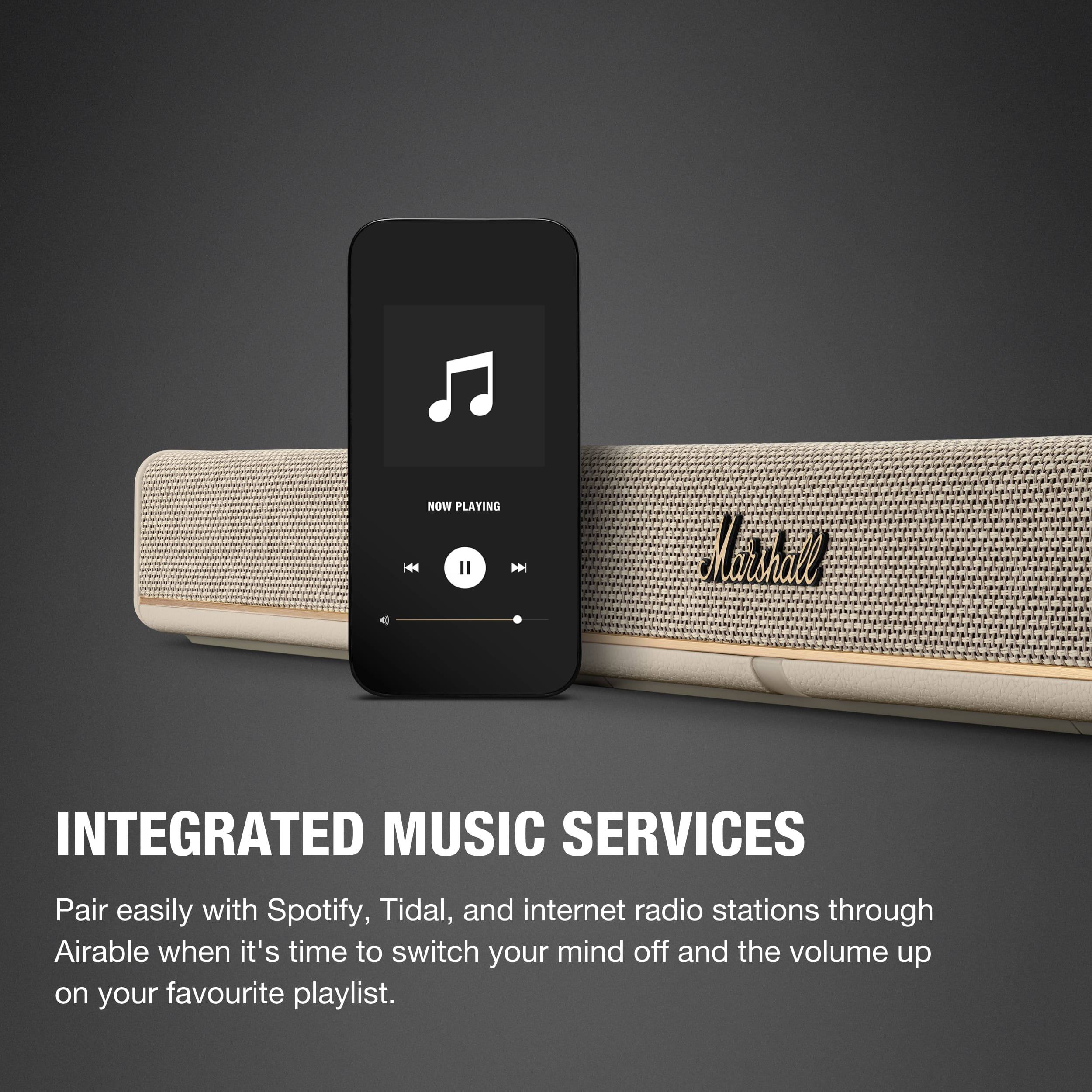 NOW PLAYING KM  
Johil  
INTEGRATED MUSIC SERVICES  
Pair easily with Spotify, Tidal, and internet radio stations through Airable when it's time to switch your mind off and the volume up on your favourite playlist.