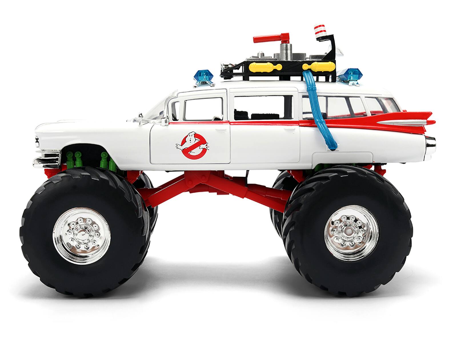 Left. Jada - 1959 Cadillac Ambulance Ecto-1 "Ghostbusters" (1984) Movie Monster Truck Version "Hollywood Rides" Series 1/24 - White With Red.