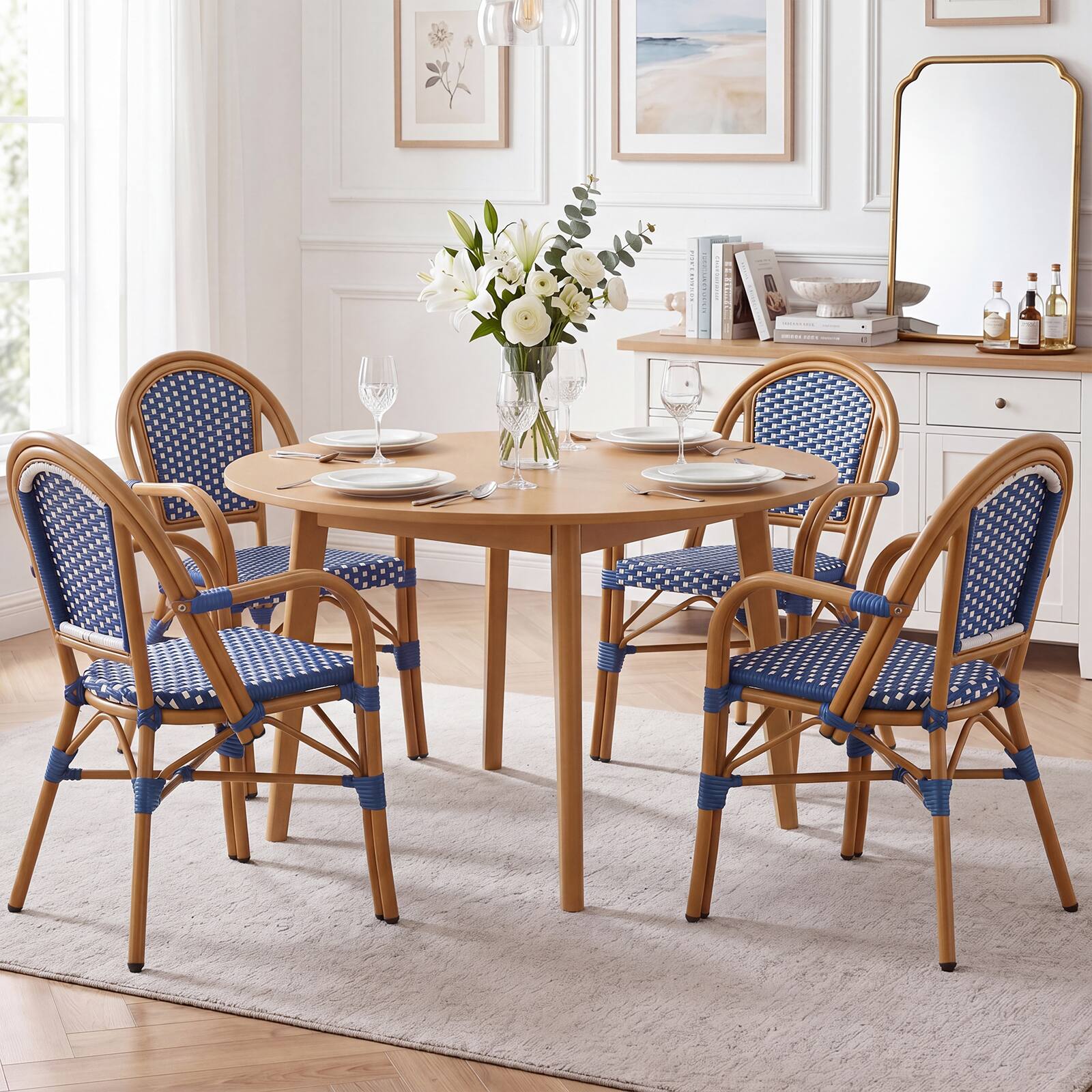 Alt View 8. Gymax - Gymax Outdoor French Bistro Chairs 4 PCS w/ Armrests Galvanized Metal Frame Blue & White - Blue, White.