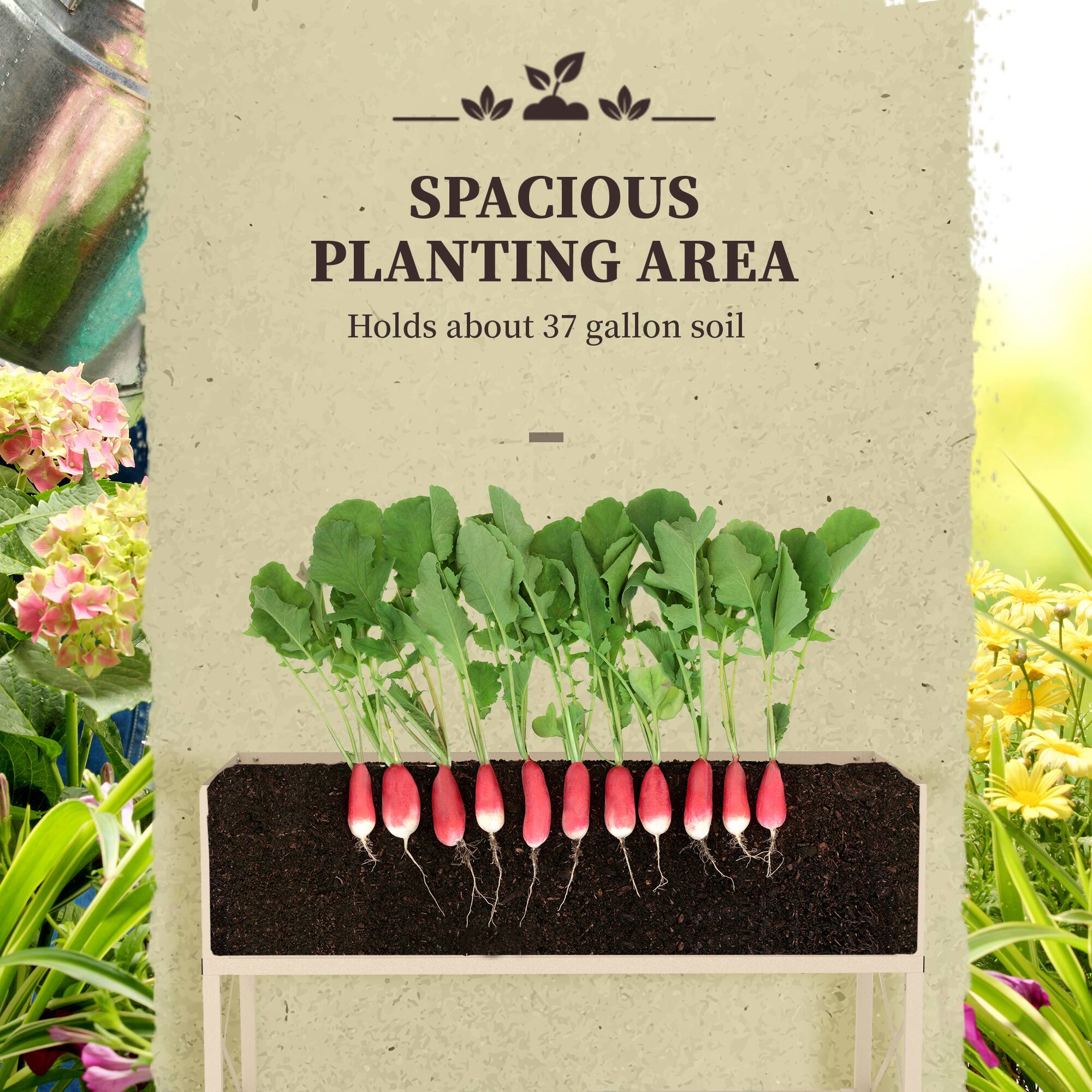 SPACIOUS PLANTING AREA  
Holds about 37 gallon soil