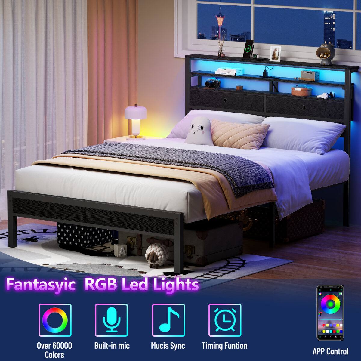 Fantasyic RGB Led Lights  
Over 60000 Colors  
Built-in mic  
Music Sync  
Timing Function  
APP Control