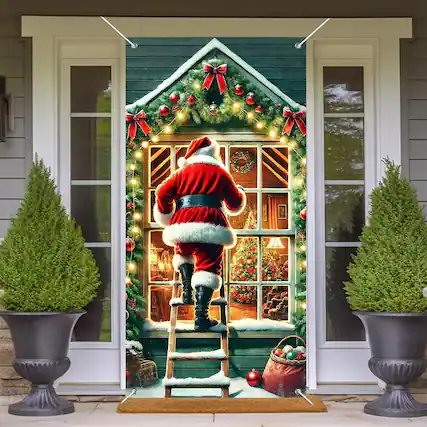 Front. MOSZAR LLC - Santa Climbing Ladder Door Banner, 35x71" Polyester Holiday Door Decor - red.