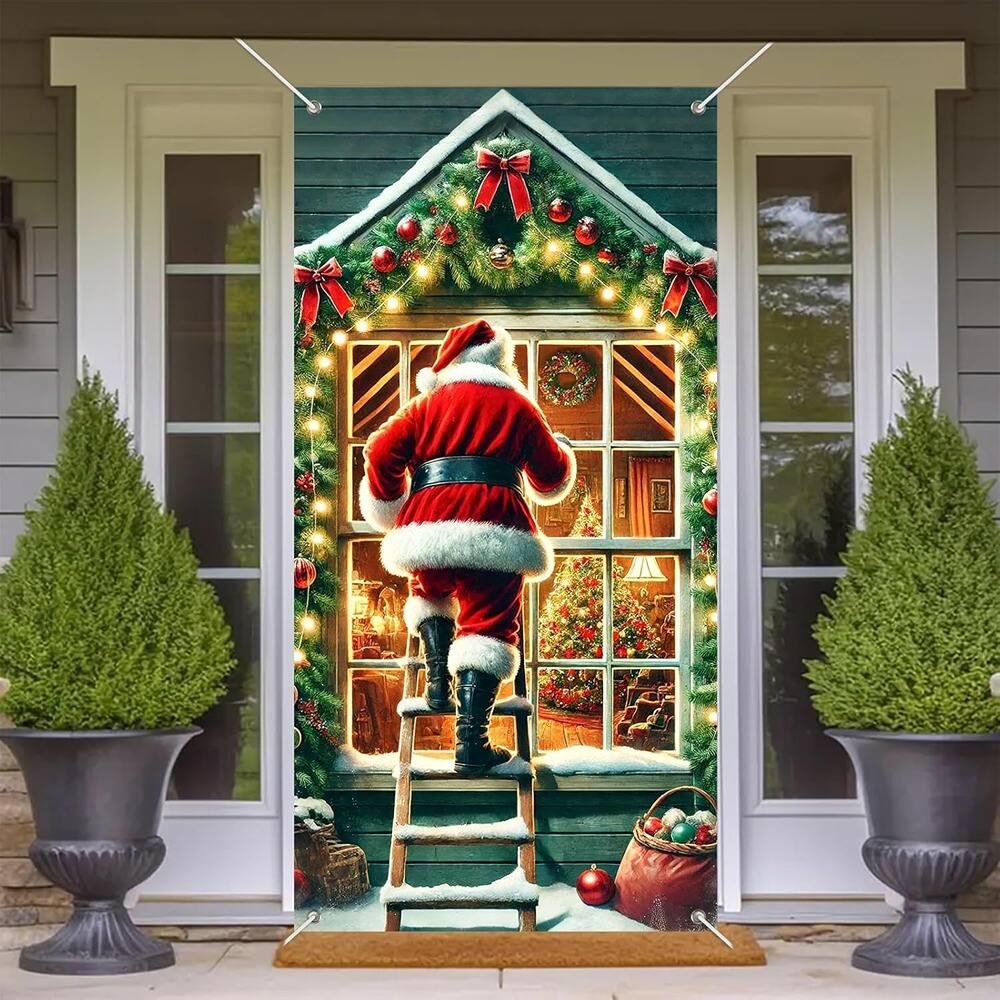 MOSZAR LLC - Santa Climbing Ladder Door Banner, 35x71" Polyester Holiday Door Decor - Red