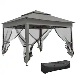 Outsunny - Outdoor Patio Pop Up Canopy Gazebo Shelter with Zipper Netting, Carry Bag, 11' x 11' - Dark Gray