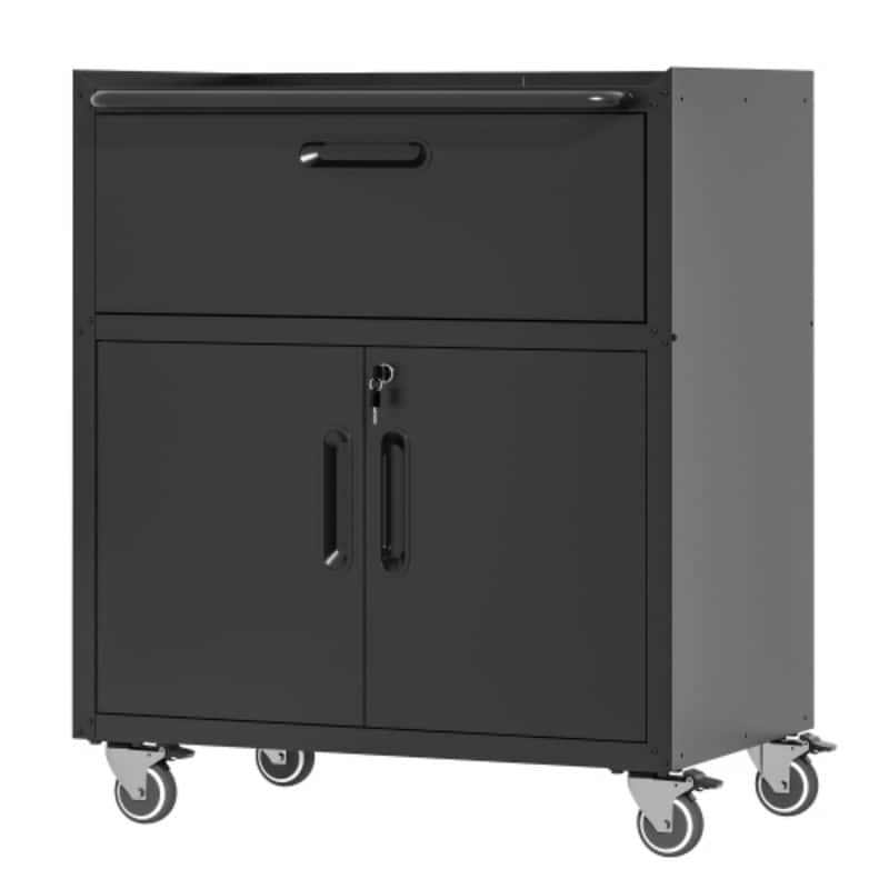 ALEXOUN - Sturdy & Simple Metal Tool Cabinet with Wheels,1 Drawer & 2 Locking Doors,Easy-to-Use Rolling Storage for Garage,Office - Black