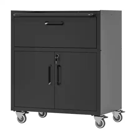 Front. ALEXOUN - Sturdy & Simple Metal Tool Cabinet with Wheels,1 Drawer & 2 Locking Doors,Easy-to-Use Rolling Storage for Garage,Office - Black.