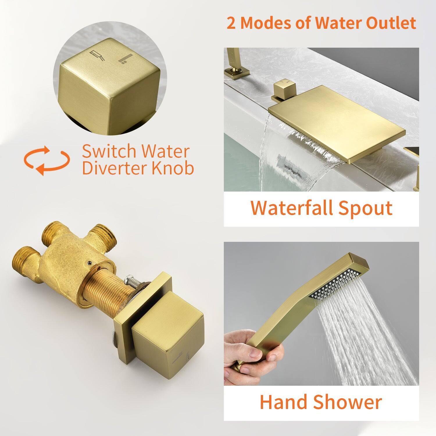 2 Modes of Water Outlet

Switch Water Diverter Knob

Waterfall Spout

Hand Shower