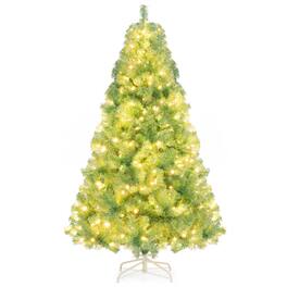 Gymax - 6 FT Pre-Lit Tinsel Christmas Tree Artificial Xmas Tree w/ 688 Lush Branch Tips Fruit - Green