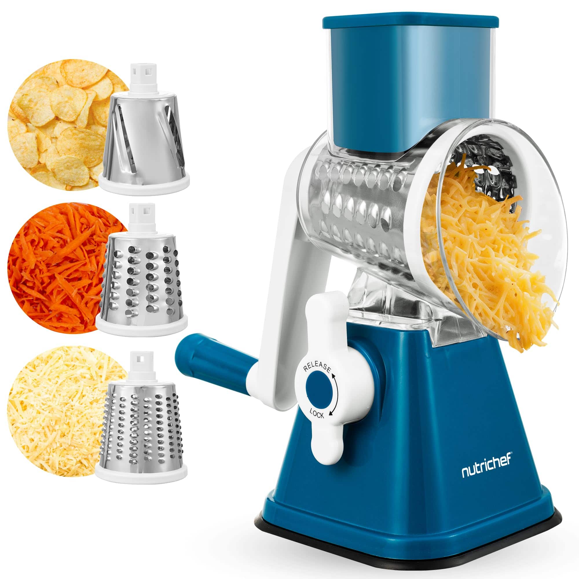 NutriChef - NCCHS3DRBL 3-in-1 Cheese Grater & Shredder, Suction Base, Rotary Handle, 3 Blades - Blue price history on PriceWatchPro