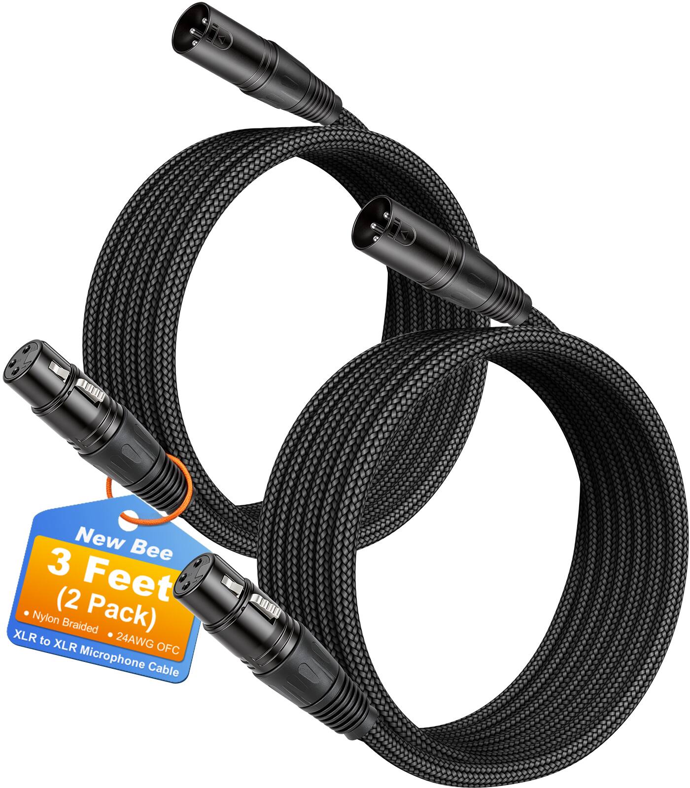 New Bee 3 Feet (2 Pack) Nylon Braided XLR to 24AWG XLR OFC Microphone Cable