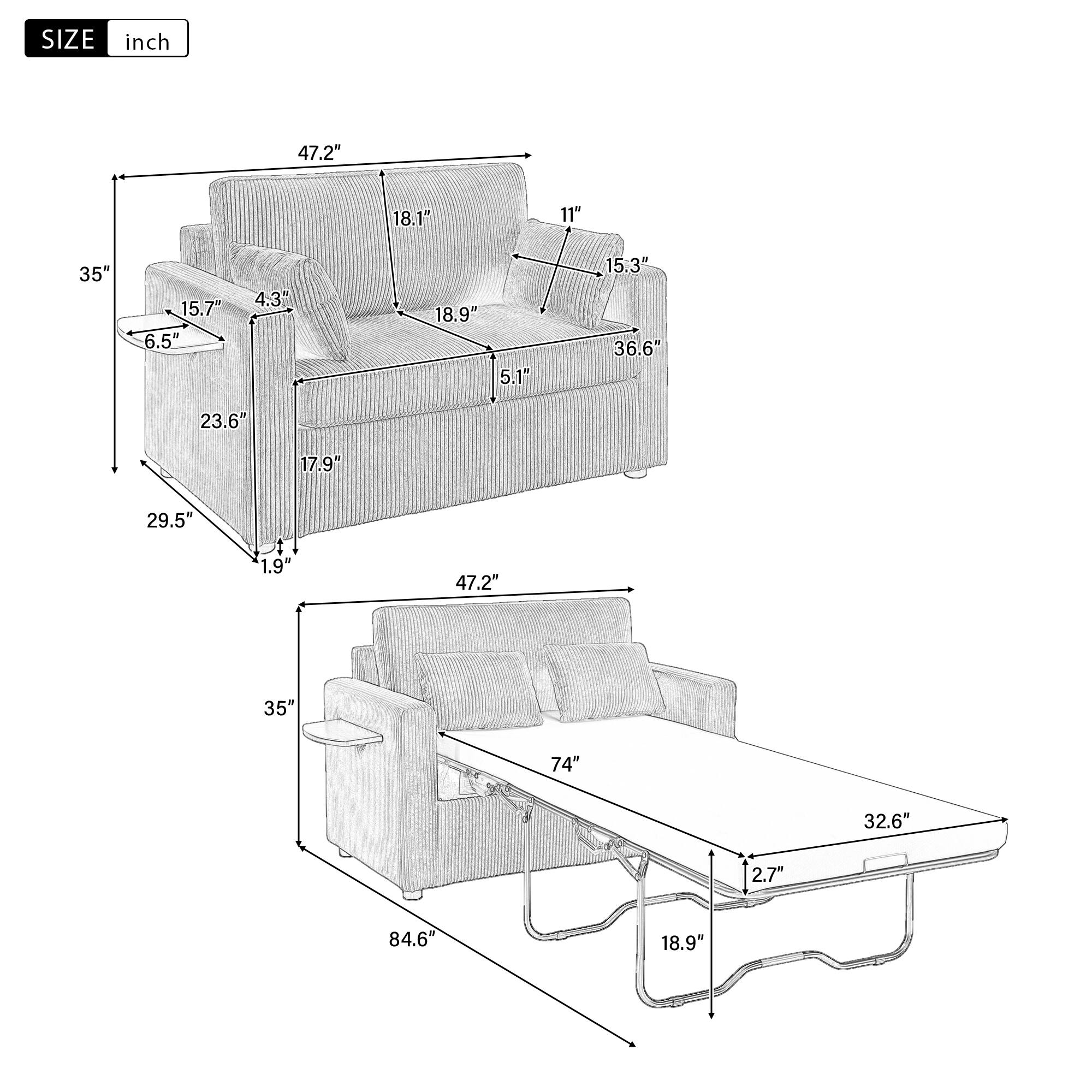Here is the corrected and grouped text based on the image:

- **Dimensions of the sofa:**
  - 47.2"
  - 18.1"
  - 11"
  - 35"
  - 15.7"
  - 6.5"
  - 4.3"
  - 18.9"
  - 5.1"
  - 15.3"
  - 36.6"
  - 23.6"
  - 17.9"
  - 29.5"
  - 1.9"
  - 47.2"
  - 35"
  - 74"
  - 32.6"
  - 2.7"
  - 84.6"
  - 18.9"