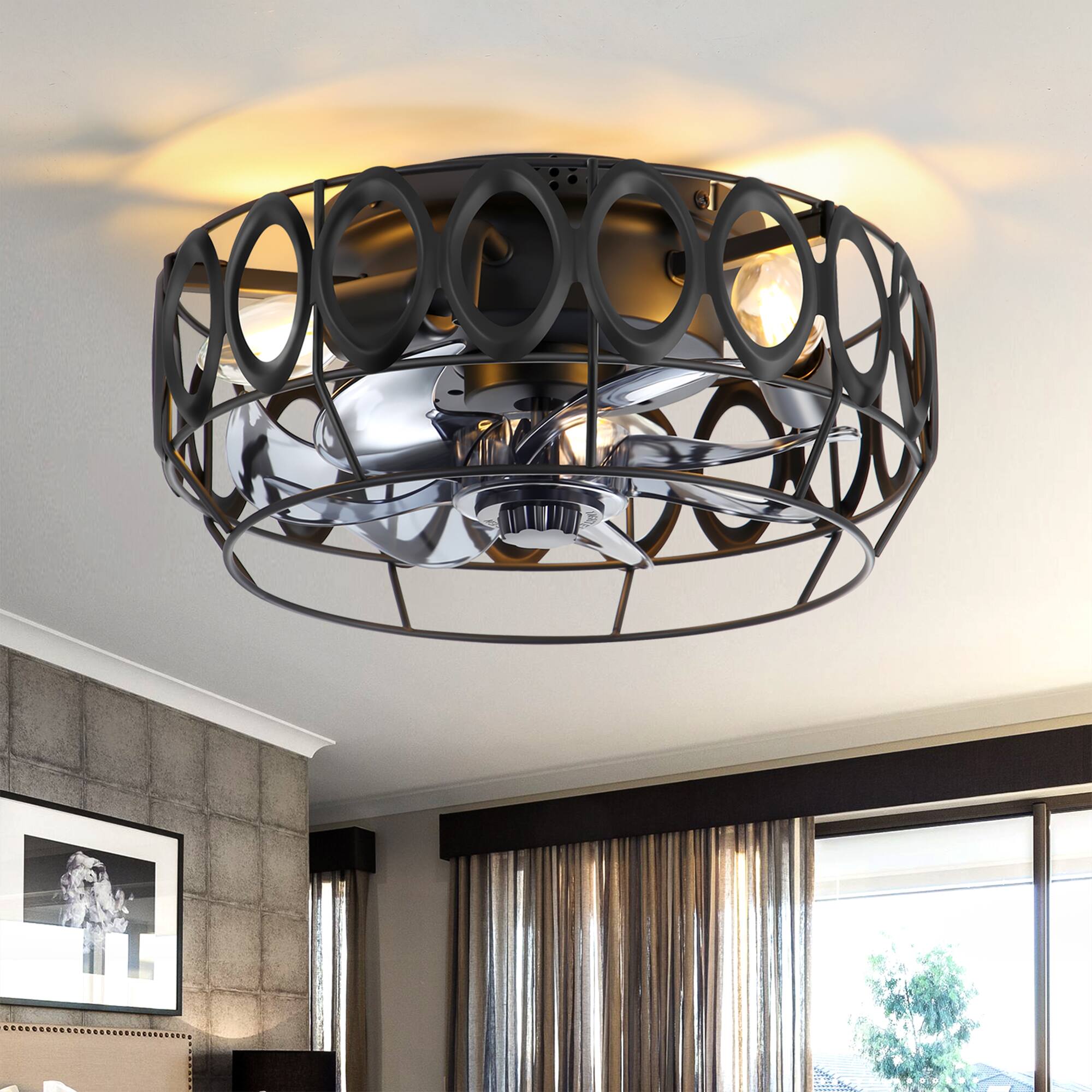 Back. Breezary - 13'' Flush Mount Mini Small Ceiling Fan with Light Fixture, Remote, DC Motor, Farmhouse Cage Design for Bedroom - Matte Black.